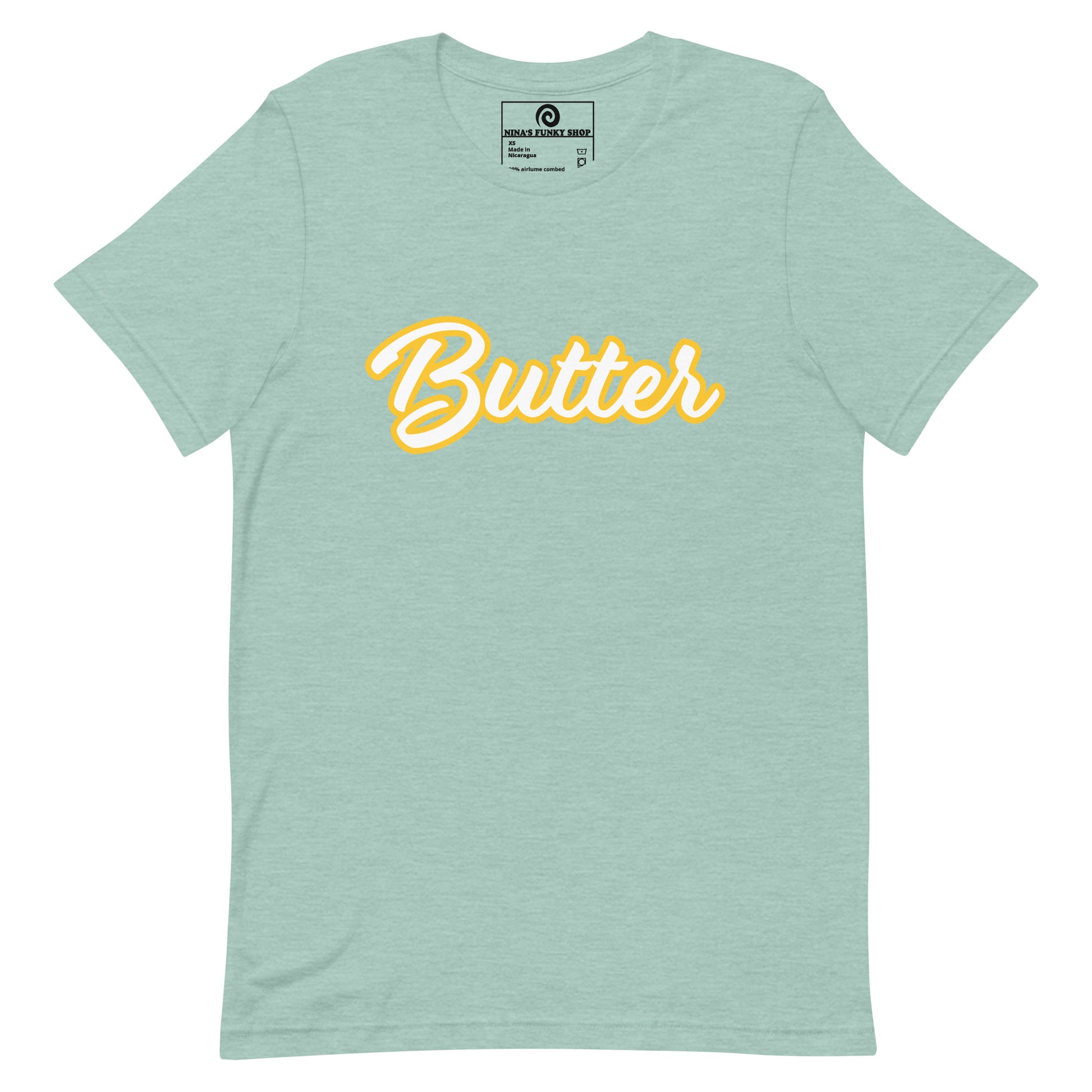 Green T-Shirt with Funny Food Design - Are you a butter enthusiast? Looking for a unique gift? This butter t-shirt is soft, comfortable and perfect for foodies of all kinds. It comes in a variety of colors with "Butter", expertly printed across the front. Eat your favorite foods in style or give this funny food t-shirt as a gift for a fellow butter lover.