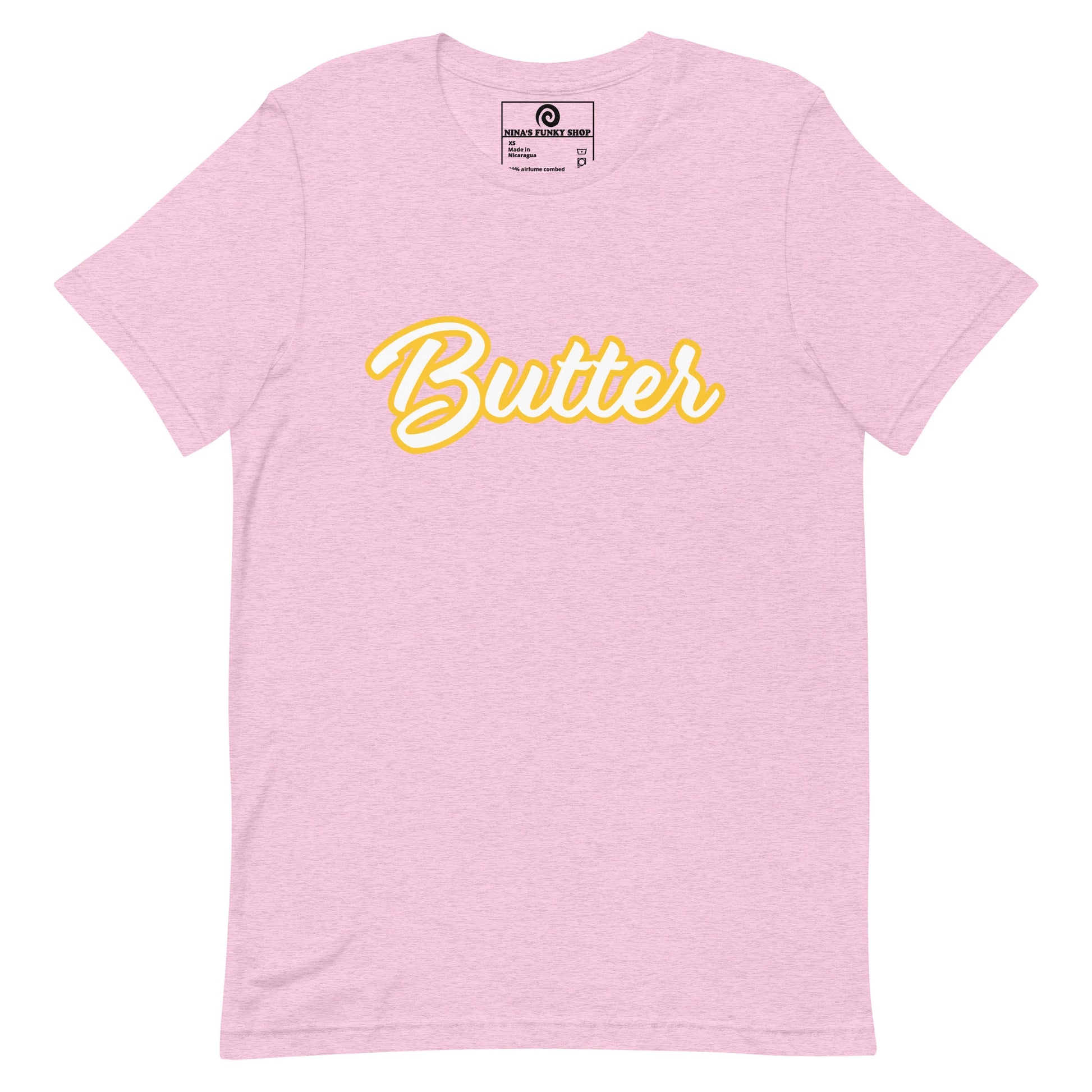 Pink T-Shirt with Funny Food Design - Are you a butter enthusiast? Looking for a unique gift? This butter t-shirt is soft, comfortable and perfect for foodies of all kinds. It comes in a variety of colors with "Butter", expertly printed across the front. Eat your favorite foods in style or give this funny food t-shirt as a gift for a fellow butter lover.