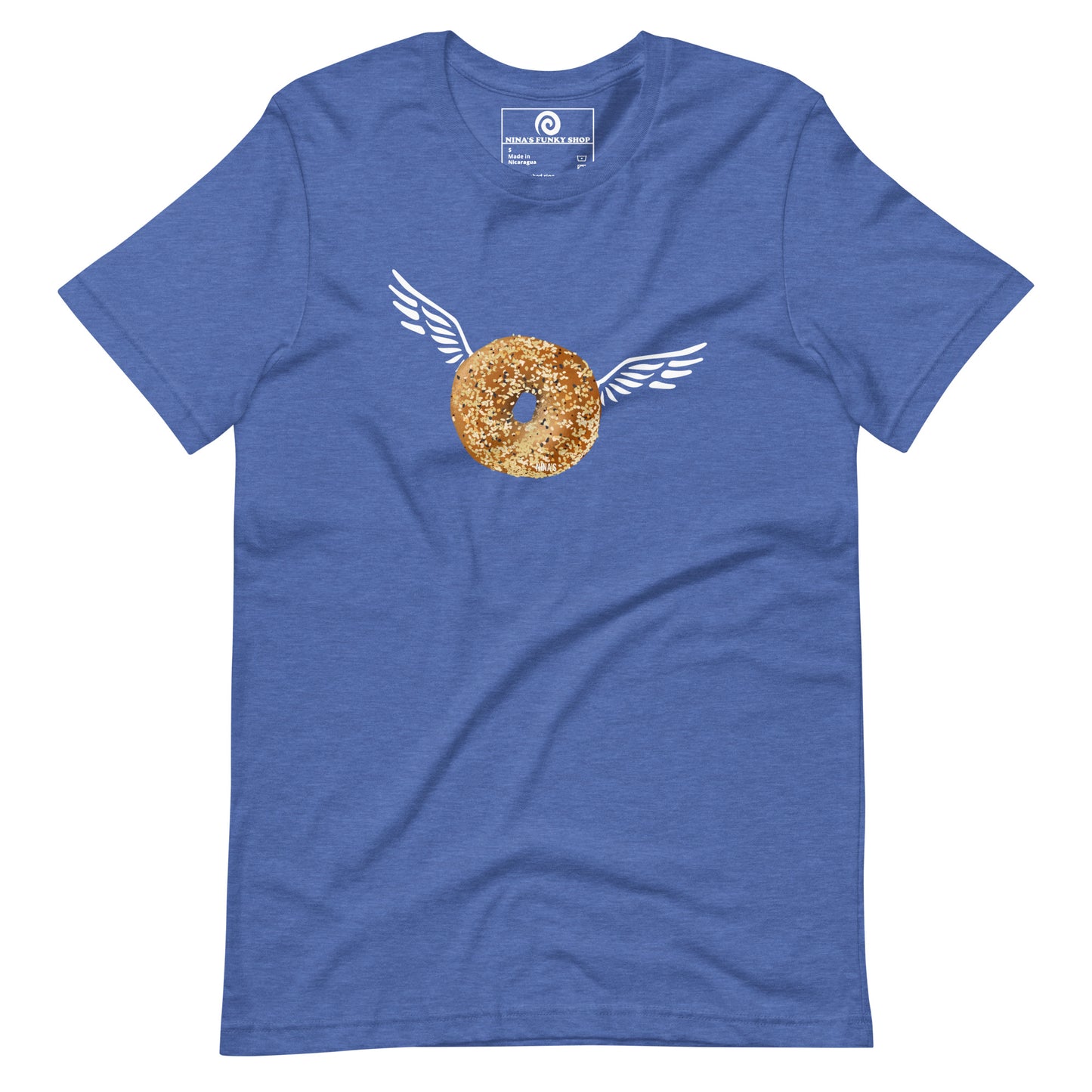 Blue Angel Bagel T-Shirt - Do you love everything bagels? Looking for a gift for your favorite bagel enthusiast? This Angel Bagel T-shirt is just what you need! It's a soft and comfortable with a funky hand drawn bagel design, expertly printed on the front. Celebrate your favorite foods in our funky foodie clothing, designed by Nina and made just for you.