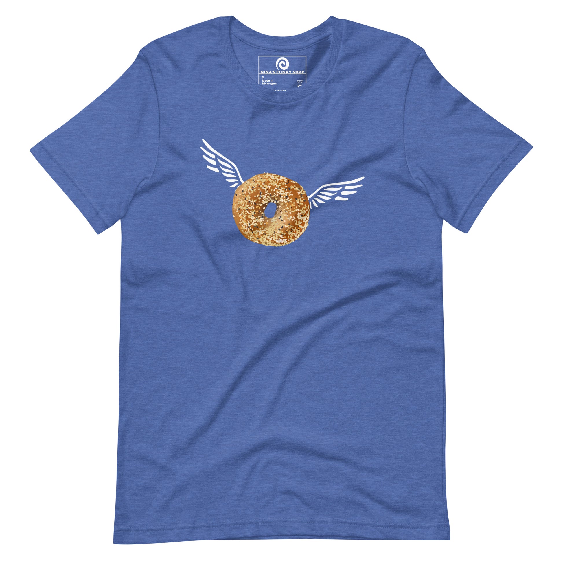 Blue Angel Bagel T-Shirt - Do you love everything bagels? Looking for a gift for your favorite bagel enthusiast? This Angel Bagel T-shirt is just what you need! It's a soft and comfortable with a funky hand drawn bagel design, expertly printed on the front. Celebrate your favorite foods in our funky foodie clothing, designed by Nina and made just for you.