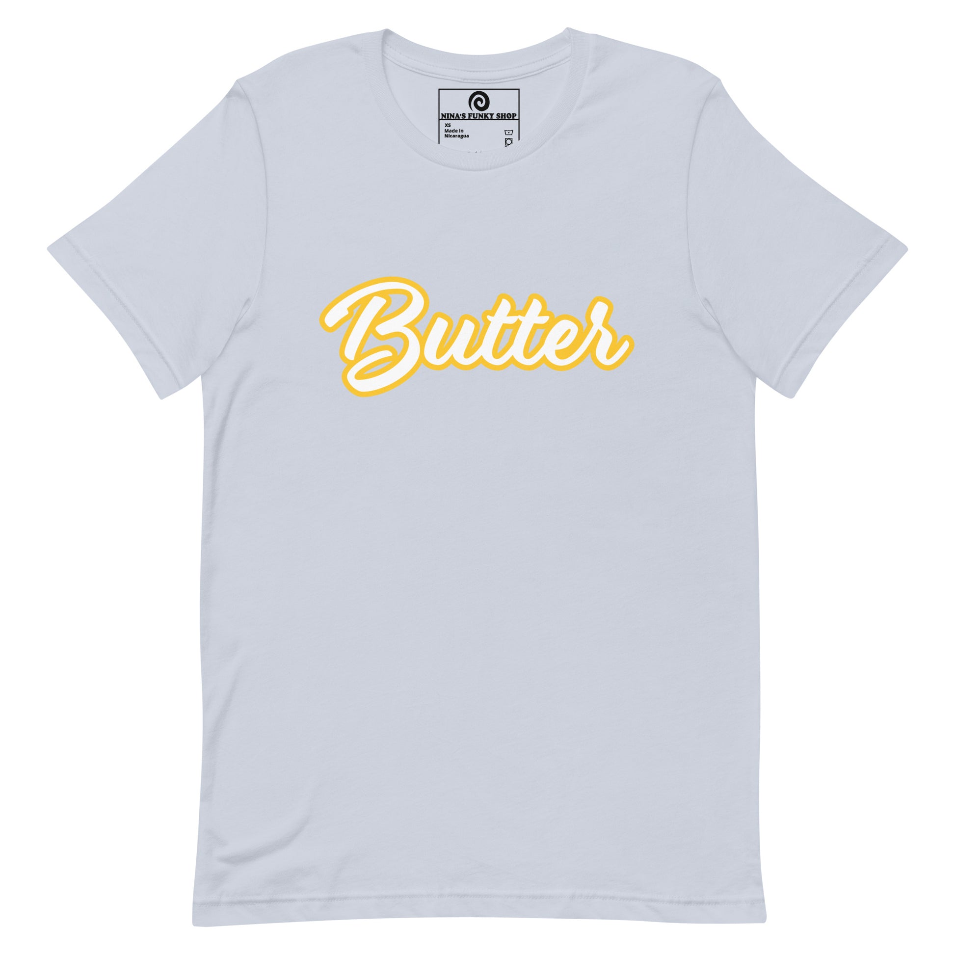 Light Blue T-Shirt with Funny Food Design - Are you a butter enthusiast? Looking for a unique gift? This butter t-shirt is soft, comfortable and perfect for foodies of all kinds. It comes in a variety of colors with "Butter", expertly printed across the front. Eat your favorite foods in style or give this funny food t-shirt as a gift for a fellow butter lover.