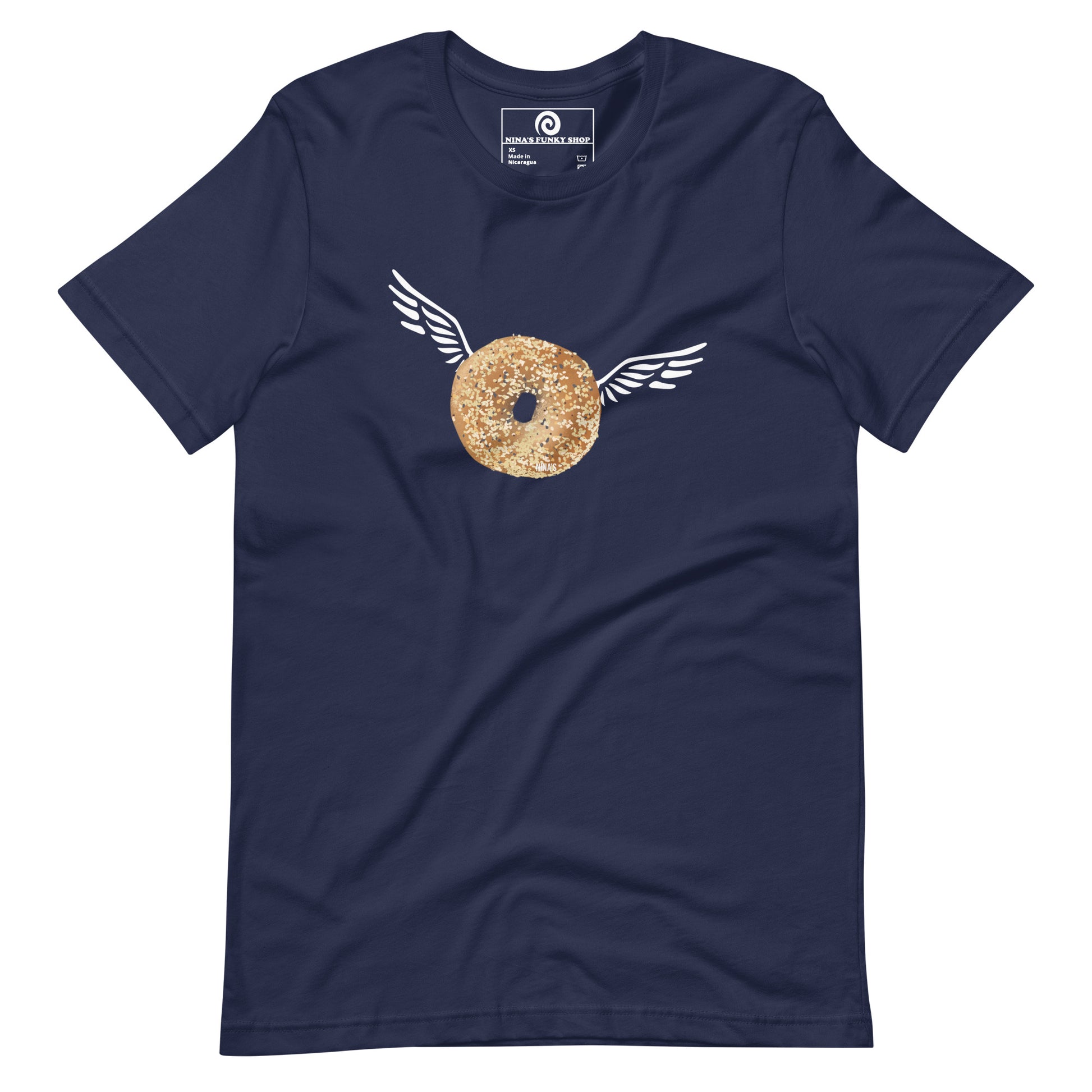 Navy Angel Bagel T-Shirt - Do you love everything bagels? Looking for a gift for your favorite bagel enthusiast? This Angel Bagel T-shirt is just what you need! It's a soft and comfortable with a funky hand drawn bagel design, expertly printed on the front. Celebrate your favorite foods in our funky foodie clothing, designed by Nina and made just for you.