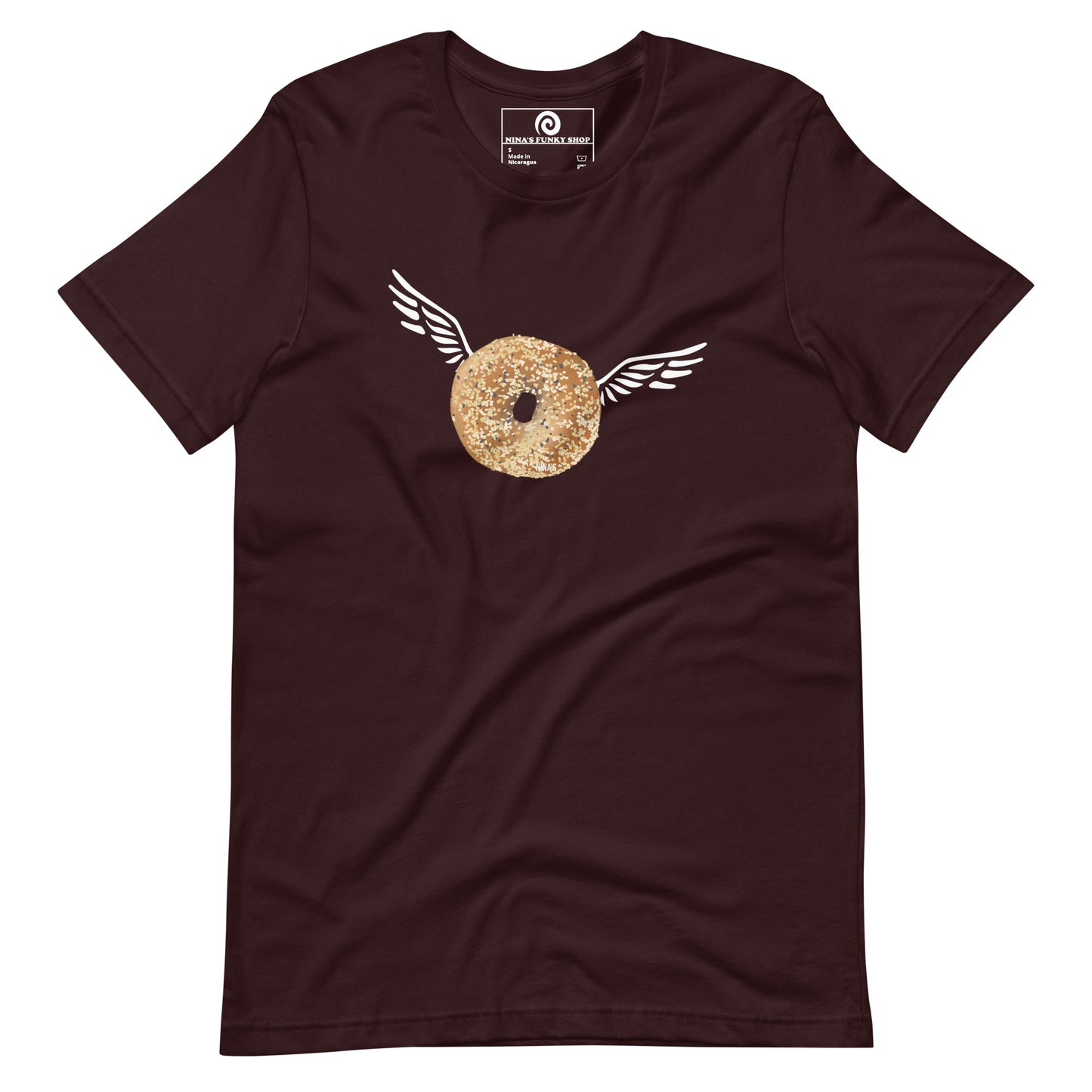Oxblood Black Angel Bagel T-Shirt - Do you love everything bagels? Looking for a gift for your favorite bagel enthusiast? This Angel Bagel T-shirt is just what you need! It's a soft and comfortable with a funky hand drawn bagel design, expertly printed on the front. Celebrate your favorite foods in our funky foodie clothing, designed by Nina and made just for you.