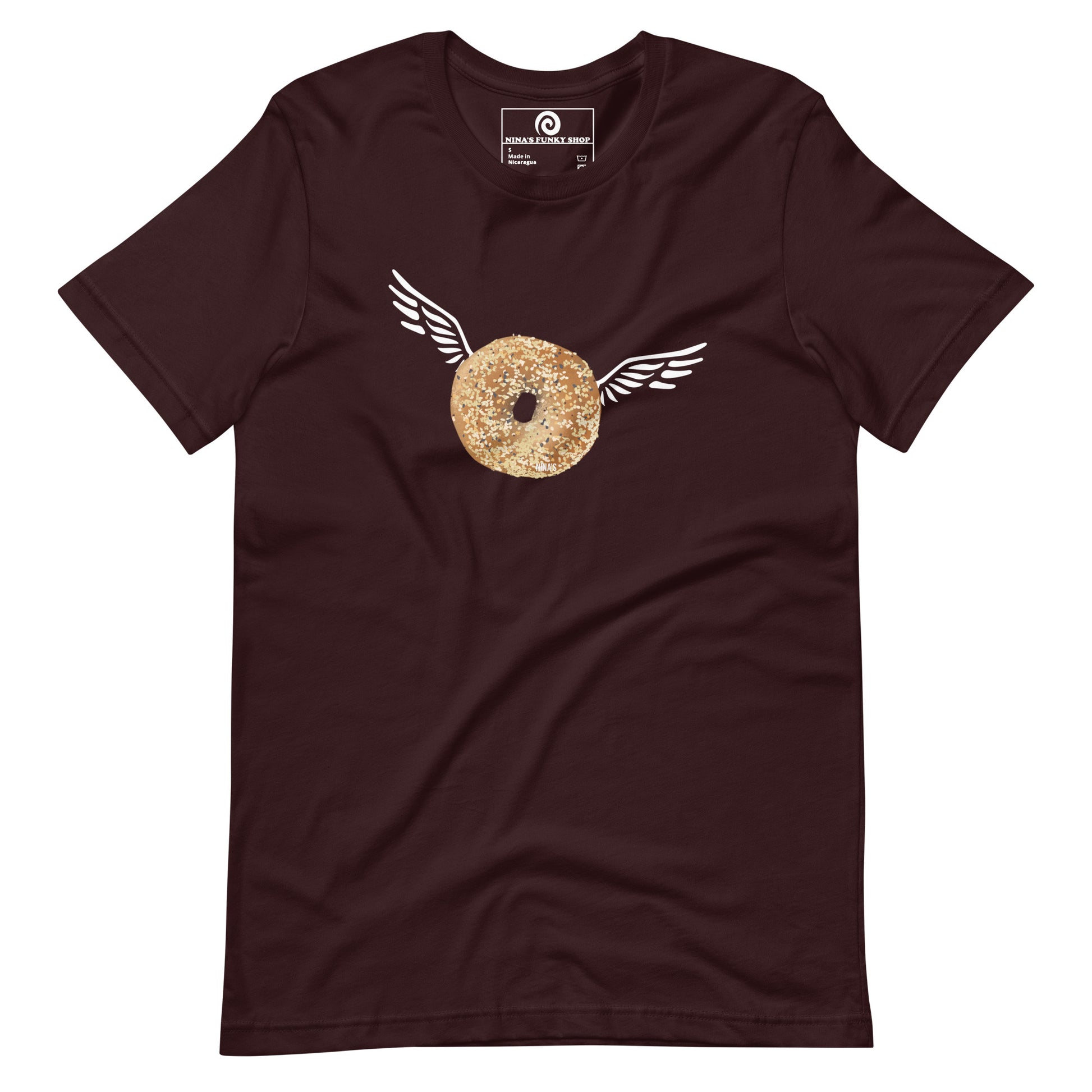 Oxblood Black Angel Bagel T-Shirt - Do you love everything bagels? Looking for a gift for your favorite bagel enthusiast? This Angel Bagel T-shirt is just what you need! It's a soft and comfortable with a funky hand drawn bagel design, expertly printed on the front. Celebrate your favorite foods in our funky foodie clothing, designed by Nina and made just for you.