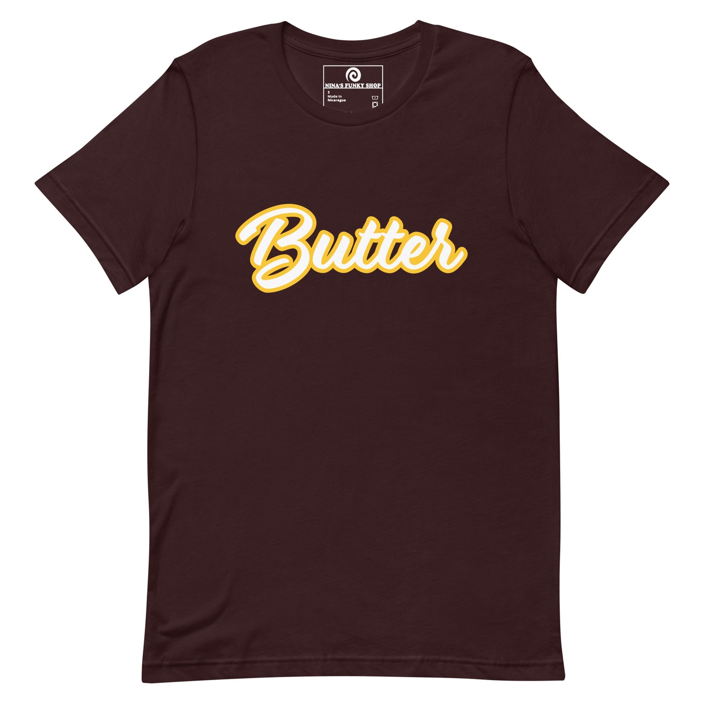Dark Red Black T-Shirt with Funny Food Design - Are you a butter enthusiast? Looking for a unique gift? This butter t-shirt is soft, comfortable and perfect for foodies of all kinds. It comes in a variety of colors with "Butter", expertly printed across the front. Eat your favorite foods in style or give this funny food t-shirt as a gift for a fellow butter lover.