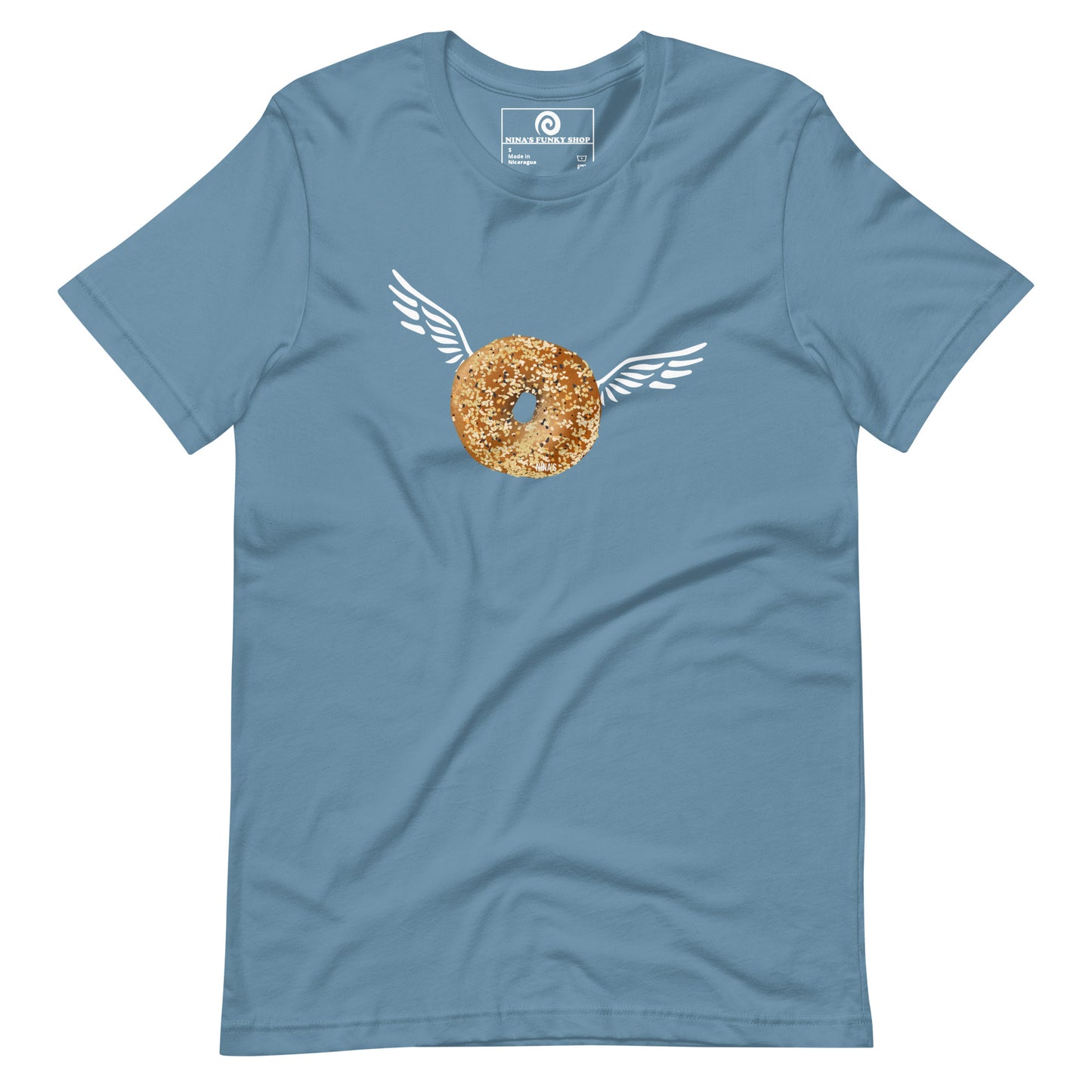 Blue Angel Bagel T-Shirt - Do you love everything bagels? Looking for a gift for your favorite bagel enthusiast? This Angel Bagel T-shirt is just what you need! It's a soft and comfortable with a funky hand drawn bagel design, expertly printed on the front. Celebrate your favorite foods in our funky foodie clothing, designed by Nina and made just for you.