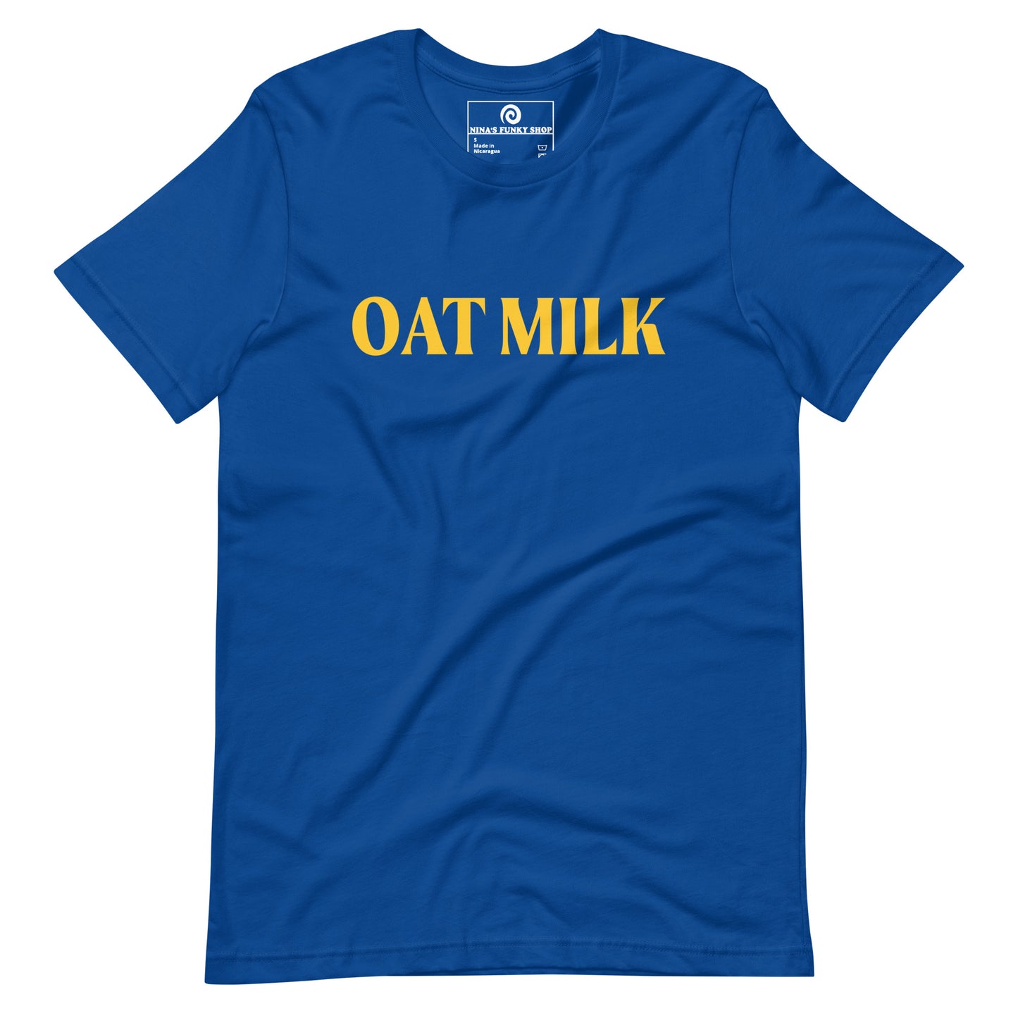 True Royal Oat Milk T-shirt - Are you an oat milk enthusiast? Looking for a funny gift for a dairy free friend? Our Oat Milk T-shirt is soft, comfortable and just what you need. It's a unisex t-shirt that comes in a variety of colors with "oat milk", on the front. A funny t-shirt for plant based babes and foodies of all kinds. Celebrate your favorite foods in our funky foodie apparel. Designed by Nina and made just for you!