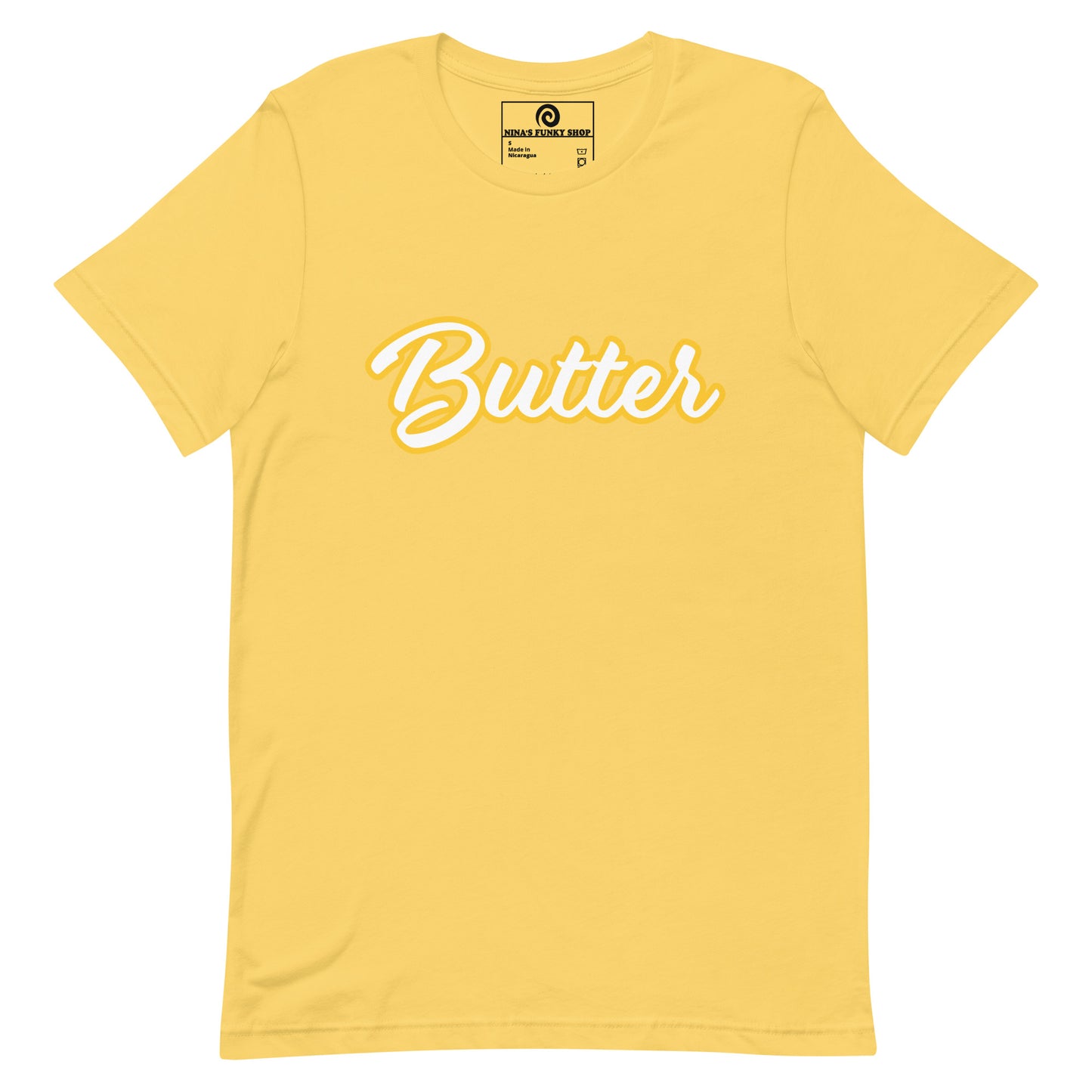 Yellow T-Shirt with Funny Food Design - Are you a butter enthusiast? Looking for a unique gift? This butter t-shirt is soft, comfortable and perfect for foodies of all kinds. It comes in a variety of colors with "Butter", expertly printed across the front. Eat your favorite foods in style or give this funny food t-shirt as a gift for a fellow butter lover.
