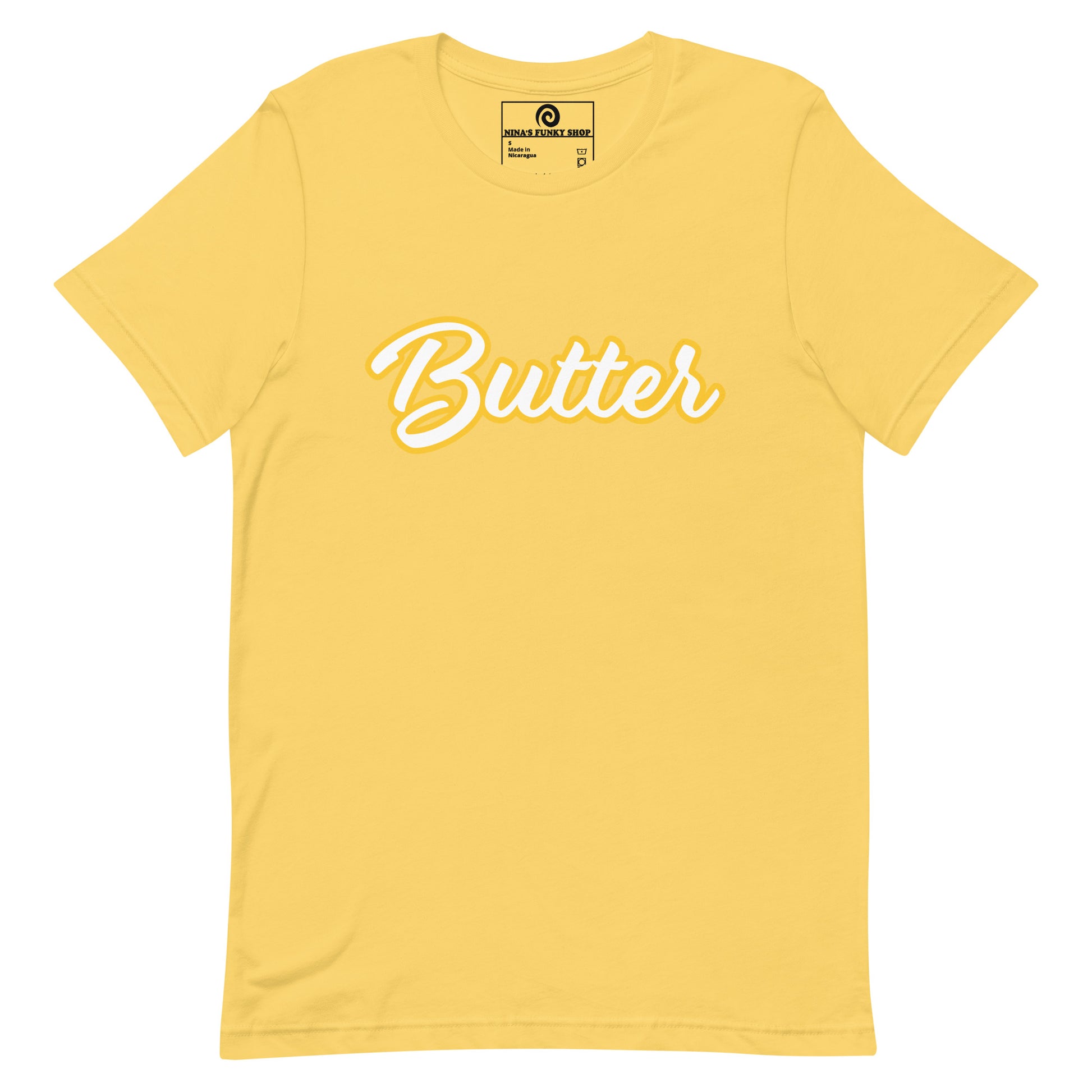 Yellow T-Shirt with Funny Food Design - Are you a butter enthusiast? Looking for a unique gift? This butter t-shirt is soft, comfortable and perfect for foodies of all kinds. It comes in a variety of colors with "Butter", expertly printed across the front. Eat your favorite foods in style or give this funny food t-shirt as a gift for a fellow butter lover.