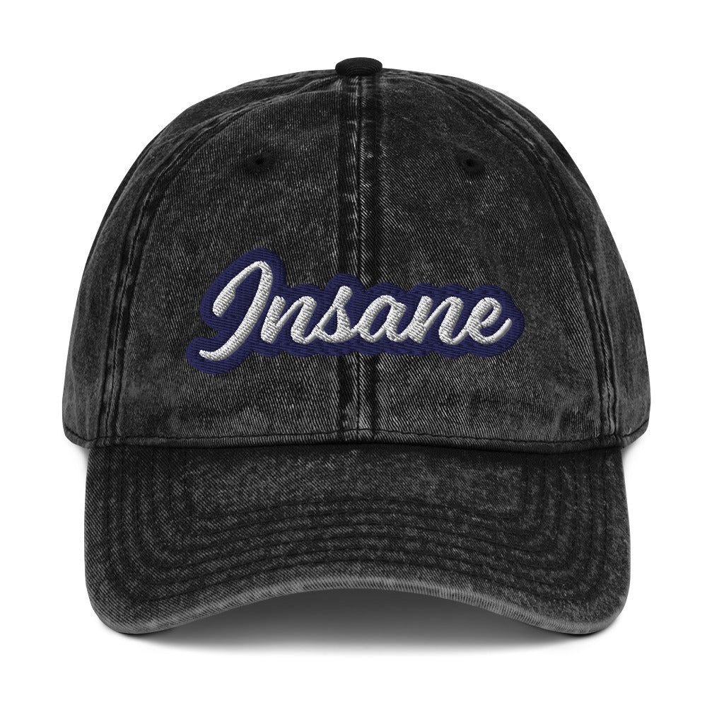 Faded black insane dad hat - This insane dad hat is comfortable, adjustable and is a funny unisex embroidered hat made just for you. It's a unique vintage-style dad hat with a funny embroidery that stands out and comes in a variety of faded trendy colors. Wear this insane hat as everyday wear or give it as a funny gift for a wild friend.