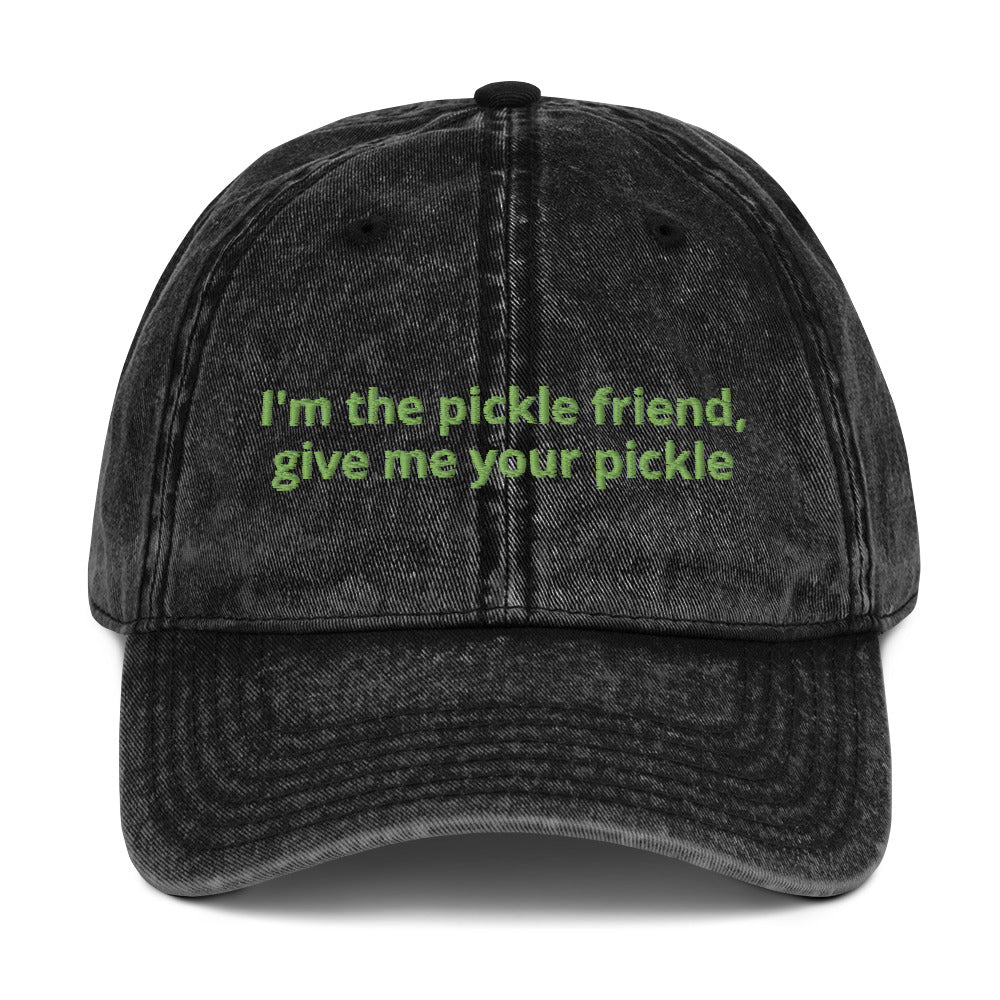 Black pickles dad hat by ninanush - The perfect hat for pickle lovers. The I'm the pickle friend, give me your pickles dad hat for pickle enthusiasts. This silly foodie dad hat stands out with a quirky design and pickle saying. Eat your favorite pickles in this unique pickle dad hat or give it as a funny gift for pickle enthusiasts and foodies of all kinds.