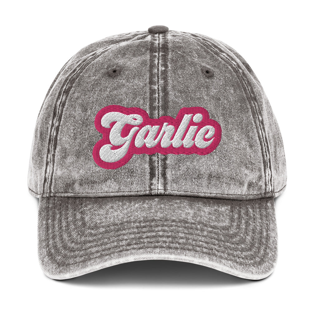 Gray garlic dad hat - A colorful dad hat for garlic enthusiasts and foodies of all kinds. It's a vintage style dad hat with the word "garlic" embroidered in pink and white. A funny statement hat for garlic lovers to stand out and show off or a unique gift for your favorite garlic addict. This quirky dad hat is adjustable, weird and made just for you.