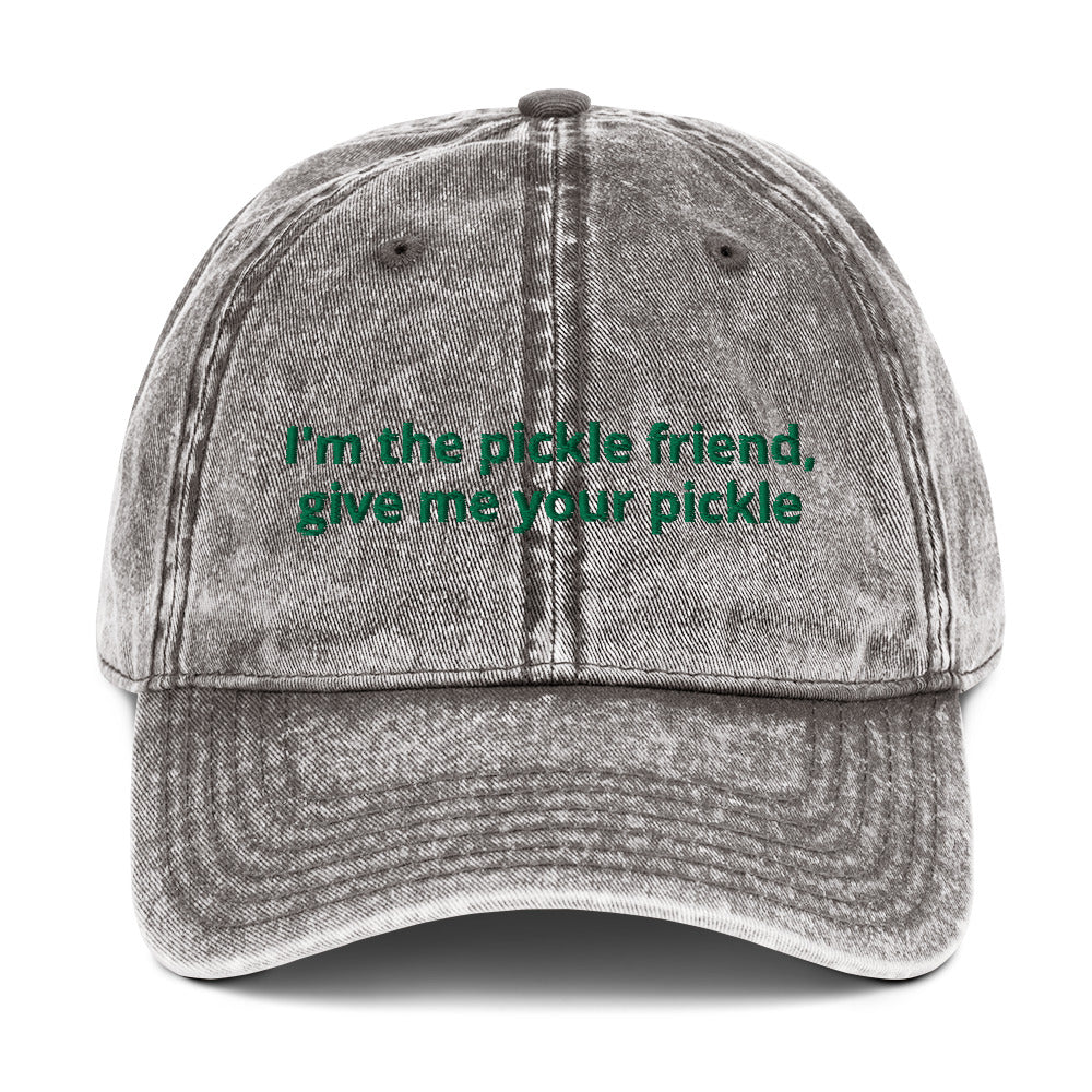 Gray pickle friend dad hat - The perfect hat for pickle lovers. The I'm the pickle friend, give me your pickles dad hat for pickle enthusiasts. This silly foodie dad hat stands out with a quirky design and pickle saying. Eat your favorite pickles in this unique pickle dad hat or give it as a funny gift for pickle enthusiasts and foodies of all kinds.