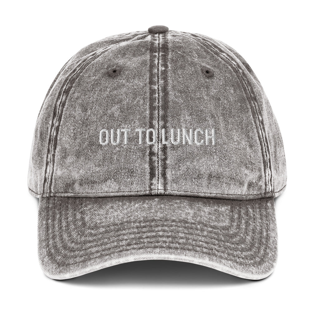 Gray out to lunch dad hat from Nina's Funky Shop by ninanush - Stand out in this vintage style dad hat for foodies, lunch enthusiasts and beyond. It has an adjustable closure and comes in a variety of colors with a the words "out to lunch" expertly embroidered on the front. Eat lunch and live your best life in this comfortable hat, designed by Nina, and made just for you.