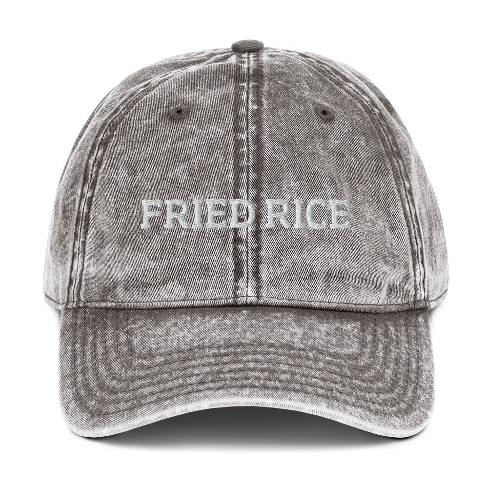 Gray  fried rice hat from Nina's Funky Shop by ninanush - Calling all fried rice enthusiasts! This funny fried rice dad hat is comfortable with a vintage-style washed out material and the words "Fried Rice", expertly embroidered on the front. Make a statement and share your foodie passions in this weird hat. The perfect dad hat for foodies or gift for fried rice lovers of all kinds.