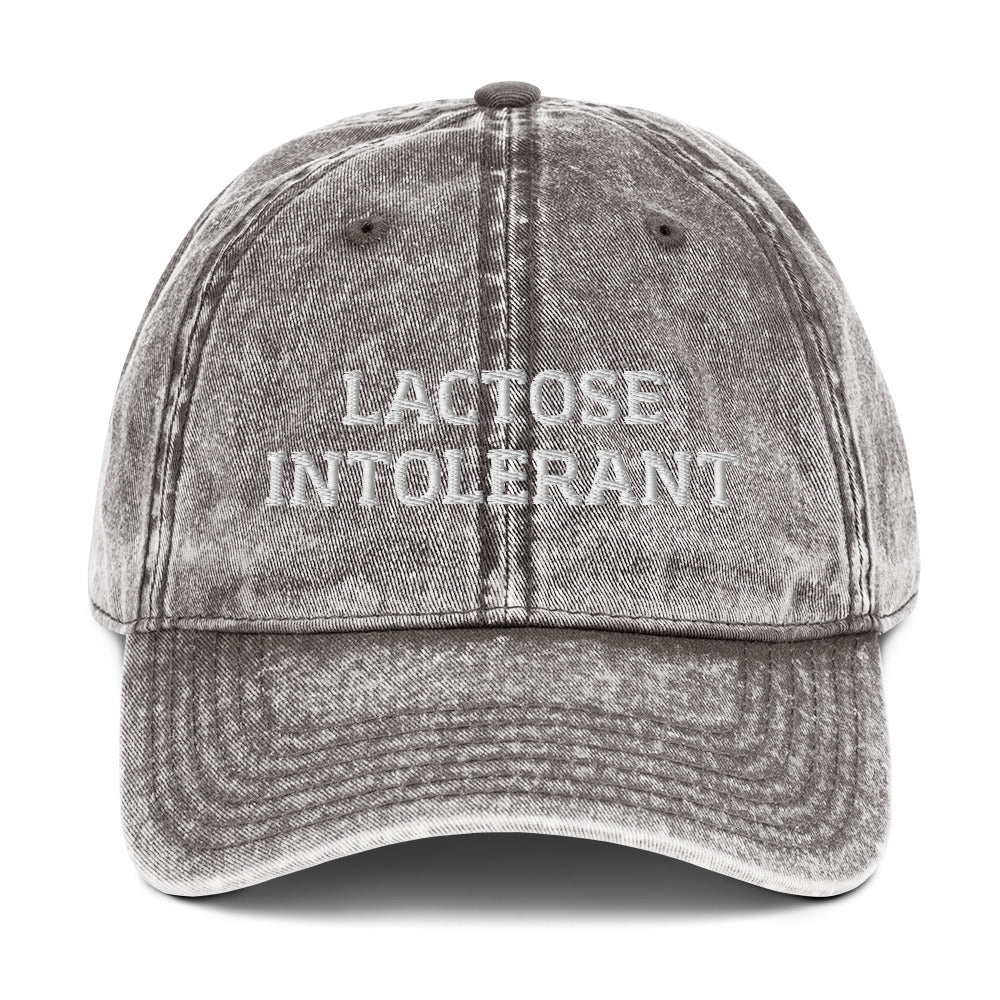 Gray lactose intolerant hat from Nina's Funky Shop by ninanush - This Lactose Intolerant Dad Hat was made just for you. Its a funny embroidered dad hat with a stylish washed out material and the words "Lactose Intolerant". Make a statement and show your a member of the gluten free club. It's the perfect dad hat for gluten free foodies or a funny gift for a gluten free friend.