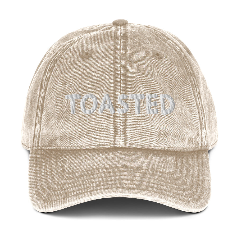 White embroidered toasted khaki hat - This toasted dad hat stands out in a variety of colors with a faded vintage style look and white embroidery. It's comfortable, unique and made just for you. Wear this funny dad hat as everyday streetwear. Eat your favorite foods in our funny food clothing and accessories and find the perfect funny gift for foodies.