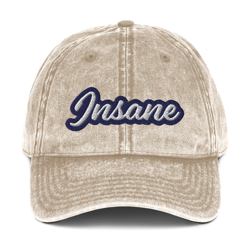 Faded beige insane dad hat - This insane dad hat is comfortable, adjustable and is a funny unisex embroidered hat made just for you. It's a unique vintage-style dad hat with a funny embroidery that stands out and comes in a variety of faded trendy colors. Wear this insane hat as everyday wear or give it as a funny gift for a wild friend.