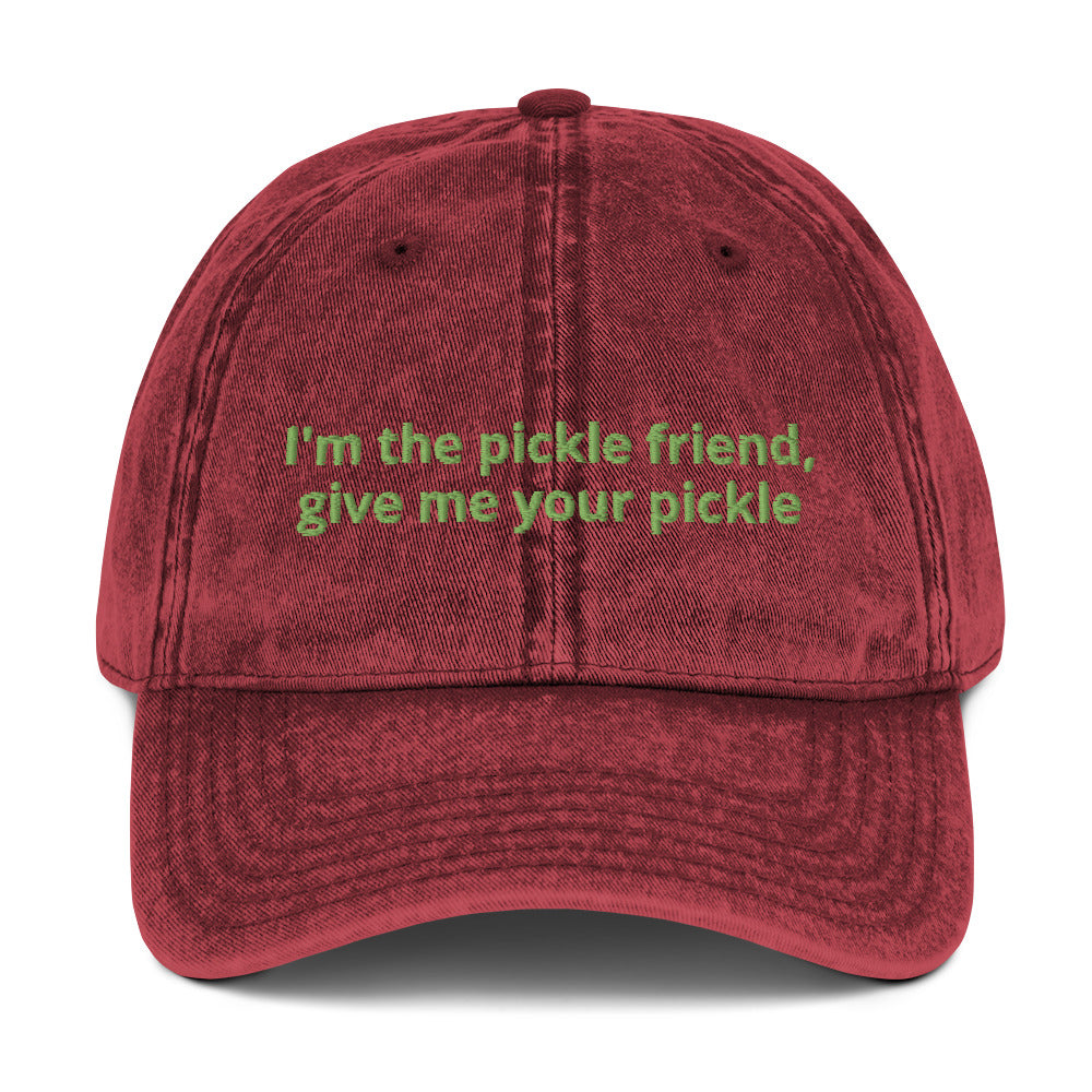 Red and green pickles dad hat - The perfect hat for pickle lovers. The I'm the pickle friend, give me your pickles dad hat for pickle enthusiasts. This silly foodie dad hat stands out with a quirky design and pickle saying. Eat your favorite pickles in this unique pickle dad hat or give it as a funny gift for pickle enthusiasts and foodies of all kinds.