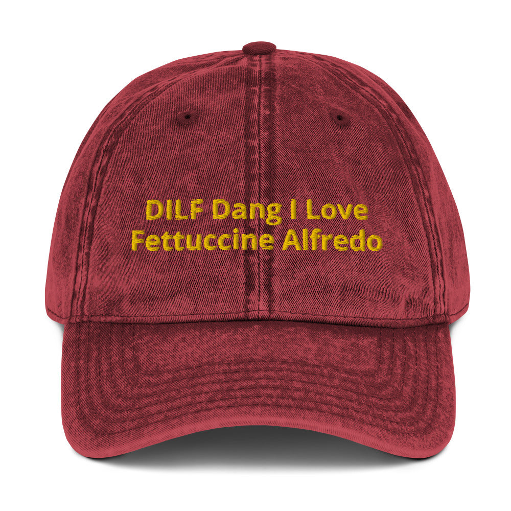 Maroon funny DILF dad hat from Nina's Funky Shop by ninanush - This unique DILF dad hat is the perfect hat for foodies and fettuccine Alfredo enthusiasts. It comes in a variety of colors with "DILF Dang I Love Fettuccine Alfredo" embroidered on the front. Stand out, eat pasta and add a little personality to your style in this funny dad hat for fettuccine Alfredo lovers and DILFs.