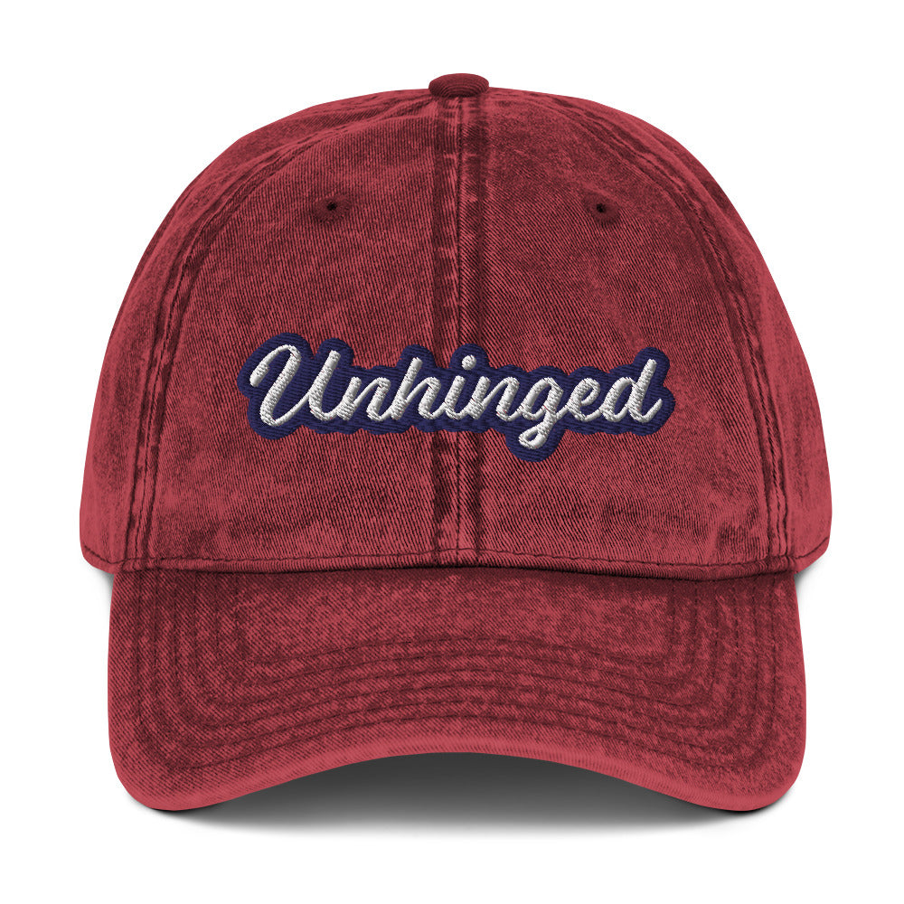 Maroon unhinged dad hat from Nina's Funky Shop by ninanush - UNHINGED⚡ Stand out in this vintage style dad for absolutely unhinged individuals. It has an adjustable closure and comes in a variety of colors with a the word "Unhinged" expertly embroidered on the front. Stay weird, stay wild and live your best life in this funny dad hat. It's designed by Nina, and made just for you.