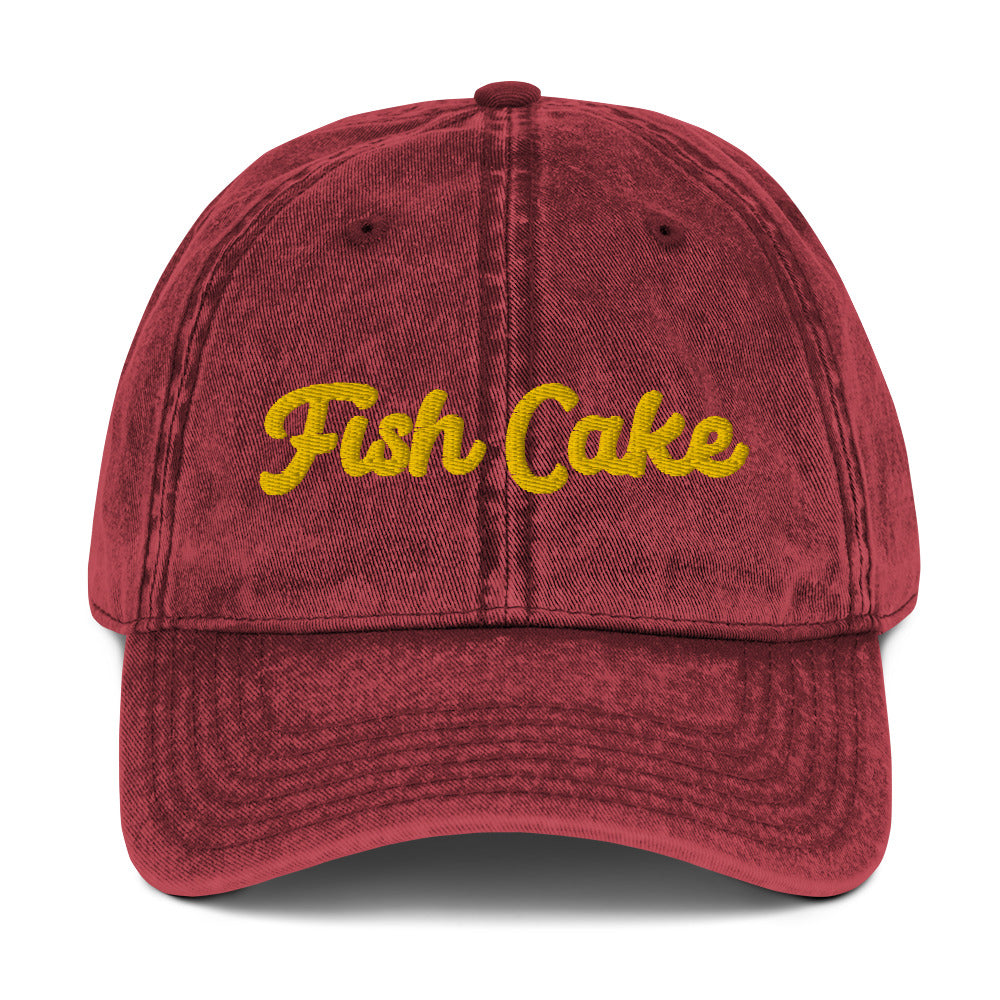 Maroon fish cake dad hat from Nina's Funky Shop by ninanush - Do you love Fish Cakes? This fish cake dad hat is just what you need. It's a weird hat that's comfortable, with a stylish distressed fabric. Stand out and add a little personality to your everyday unique outfits in this funny food hat. The perfect hat for foodies and fish cake enthusiasts. Eat fish cakes in style.
