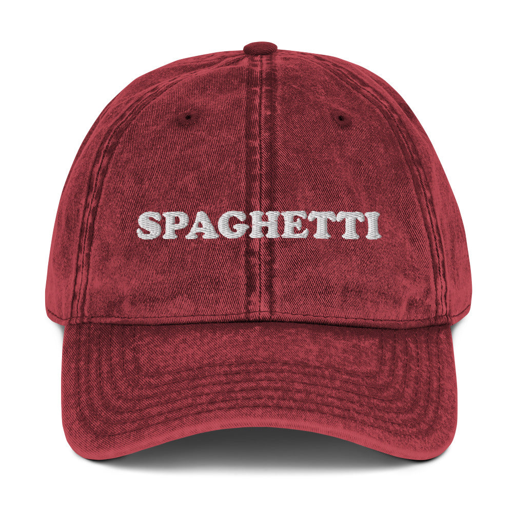 Maroon Spaghetti Hat - Love spaghetti? Looking for a funny gift for a pasta enthusiast? This spaghetti hat is just what you need. It's comfortable, has an adjustable closure, and comes in a variety of colors with "spaghetti", expertly embroidered on the front. Eat your favorite pasta in this funny foodie dad hat. Perfect for spaghetti lovers and beyond. Celebrate your favorite foods in our funky foodie clothing and accessories. 