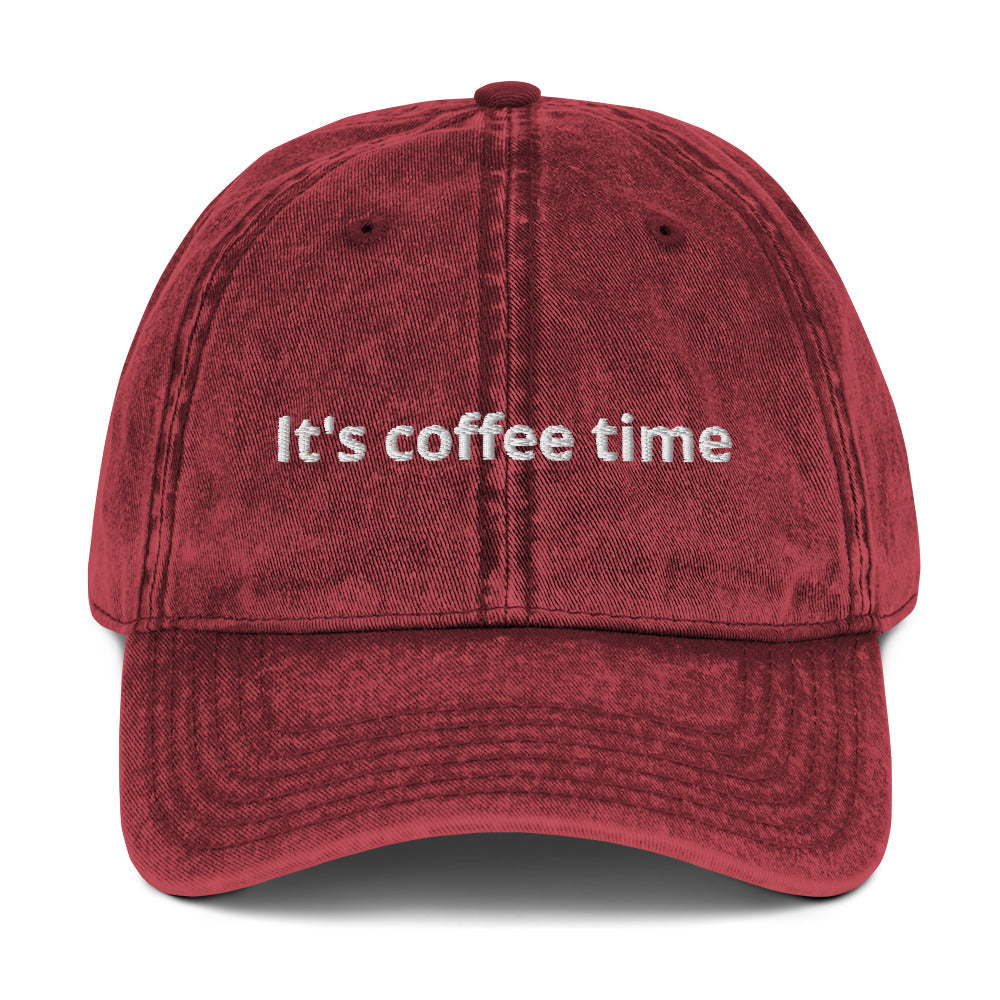 Maroon It's coffee time hat - Big coffee drinker? Looking for a gift for a coffee enthusiast? Our "It's coffee time" Hat might be just what you need. It's always coffee time in this funny coffee dad hat. Looking for something personalized? Shoot us an email! 