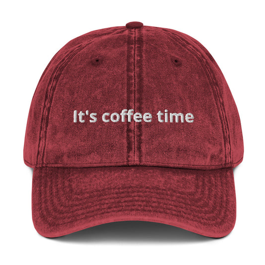 Maroon It's coffee time hat - Big coffee drinker? Looking for a gift for a coffee enthusiast? Our "It's coffee time" Hat might be just what you need. It's always coffee time in this funny coffee dad hat. Looking for something personalized? Shoot us an email! 