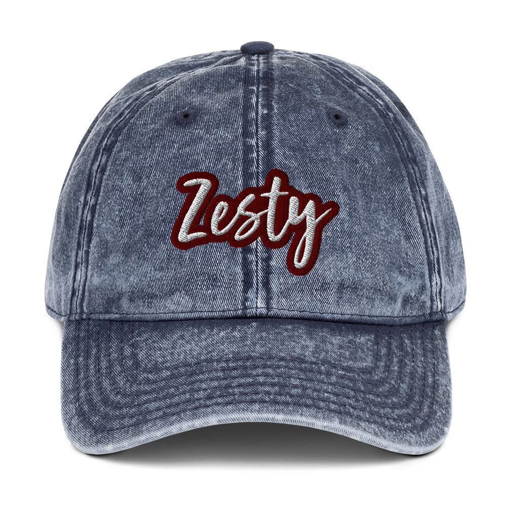 Blue zesty hat - The Zesty Dad Hat, a perfect accessory to add a touch of personality to your outfit. With a vintage-style faded look, a red and white unique embroidery, and an adjustable strap, this quirky dad hat was made just for you. Wear this colorful dad hat as everyday wear or give this hat as a funny gift to a zesty friend.