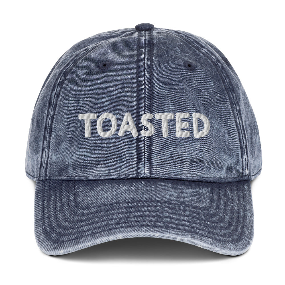 Embroidered navy toasted hat - This toasted dad hat stands out in a variety of colors with a faded vintage style look and white embroidery. It's comfortable, unique and made just for you. Wear this funny dad hat as everyday streetwear. Eat your favorite foods in our funny food clothing and accessories and find the perfect funny gift for foodies.