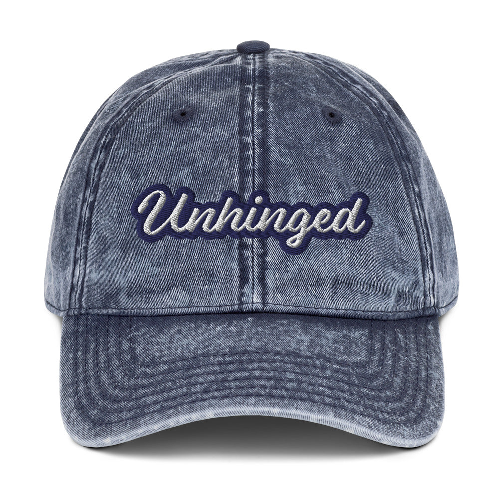 Blue unhinged dad hat from Nina's Funky Shop by ninanush - UNHINGED⚡ Stand out in this vintage style dad for absolutely unhinged individuals. It has an adjustable closure and comes in a variety of colors with a the word "Unhinged" expertly embroidered on the front. Stay weird, stay wild and live your best life in this funny dad hat. It's designed by Nina, and made just for you.