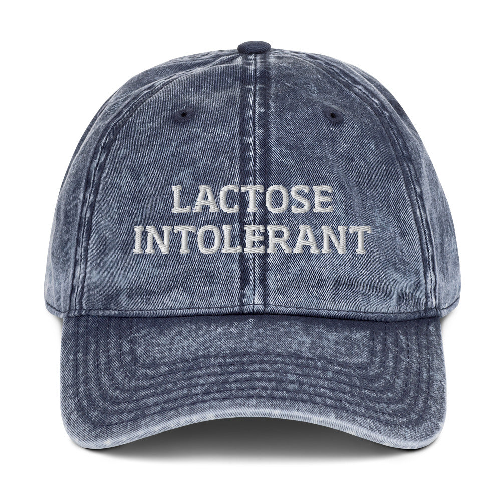 Navy blue lactose intolerant hat from Nina's Funky Shop by ninanush - This Lactose Intolerant Dad Hat was made just for you. Its a funny embroidered dad hat with a stylish washed out material and the words "Lactose Intolerant". Make a statement and show your a member of the gluten free club. It's the perfect dad hat for gluten free foodies or a funny gift for a gluten free friend.