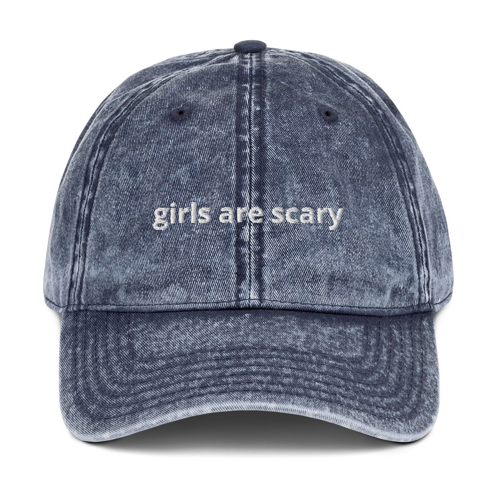 Navy Blue Girls Are Scary Hat - Everybody knows that dad caps are no longer just for dads, so get an embroidered cotton twill cap for yourself! This one's really special thanks to the intricate embroidery detail and the washed out vintage feel.