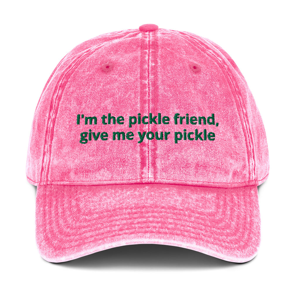 Pink pickles dad hat for the pickle friend by ninanush - The perfect hat for pickle lovers. The I'm the pickle friend, give me your pickles dad hat for pickle enthusiasts. This silly foodie dad hat stands out with a quirky design and pickle saying. Eat your favorite pickles in this unique pickle dad hat or give it as a funny gift for pickle enthusiasts and foodies of all kinds.