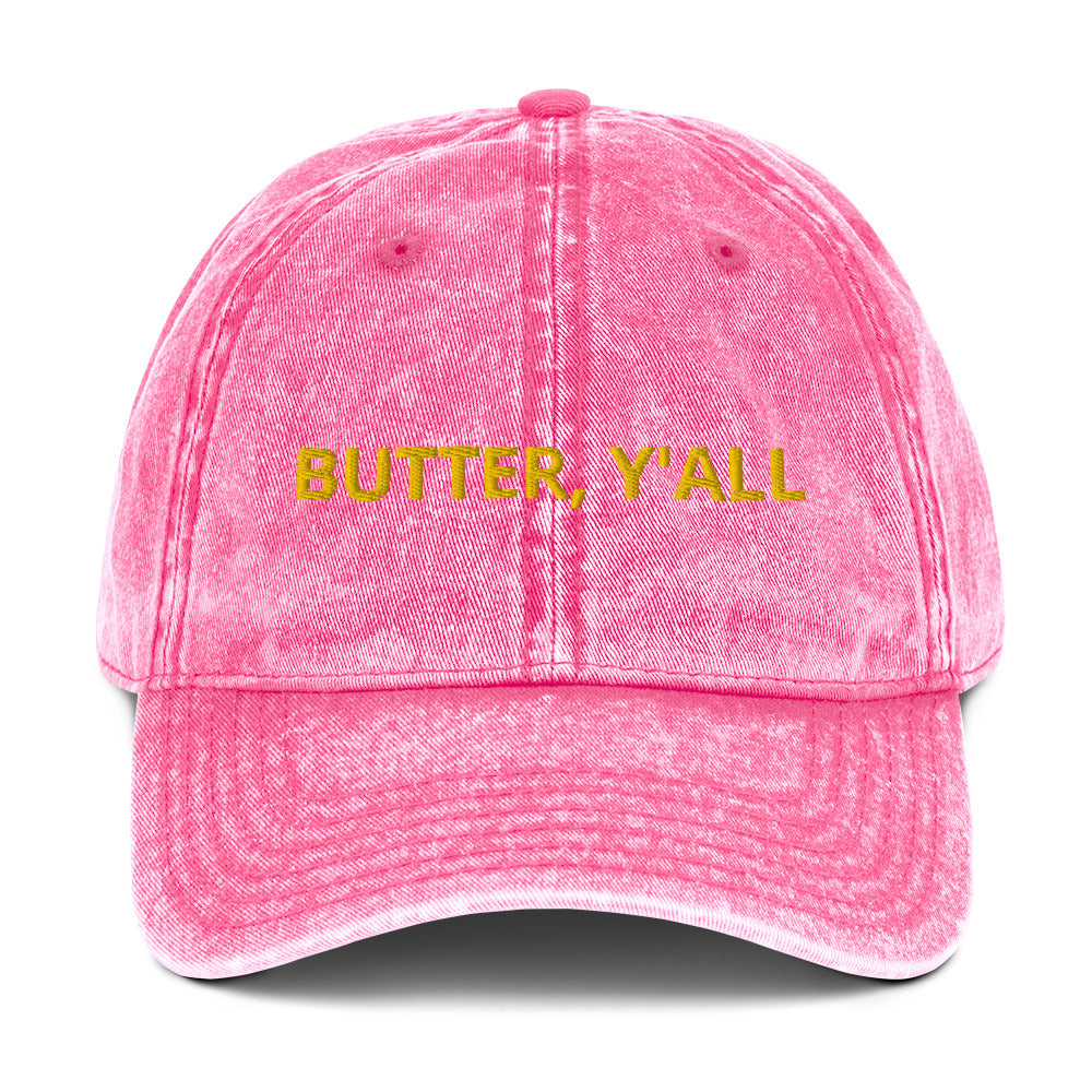 Pink Butter Y'all hat - Love butter? Looking for a gift for a butter enthusiast? Our butter y'all hat is comfortable, with an adjustable closure and is made just for you. It's a classic cotton dad hat with a funny food saying for butter lovers, expertly embroidered on the front. Make a statement and celebrate butter in this funny dad hat.
