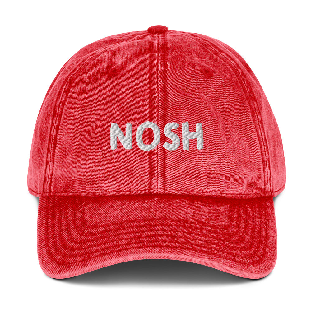 Red nosh hat - A nosh hat with a simple text embroidery, vintage-style faded material and it comes in a variety of colors. It's a funny dad hat for foodies or a gift for noshers and food enthusiasts. Nosh on your favorite foods in this yiddish word hat. It's a perfect hat for everyday wear and a unique dad hat for snack lovers.