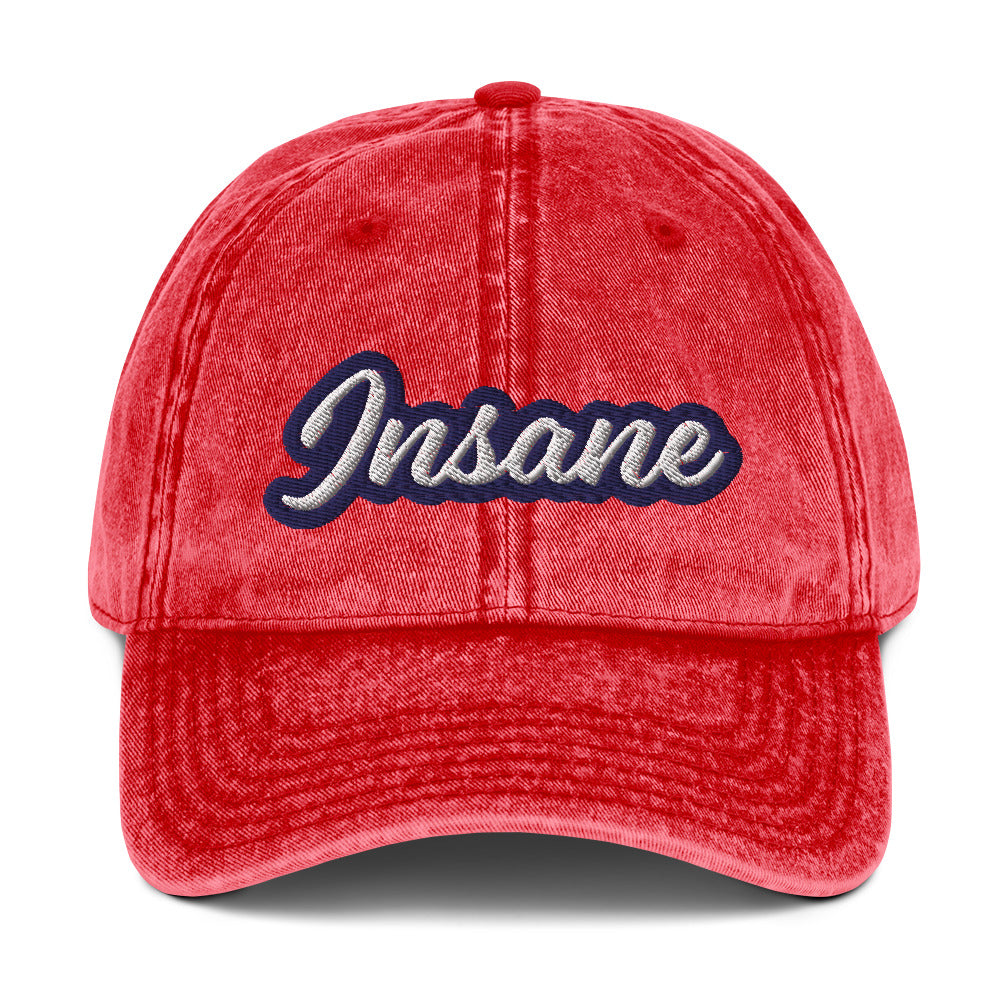 Faded red insane dad hat - This insane dad hat is comfortable, adjustable and is a funny unisex embroidered hat made just for you. It's a unique vintage-style dad hat with a funny embroidery that stands out and comes in a variety of faded trendy colors. Wear this insane hat as everyday wear or give it as a funny gift for a wild friend.