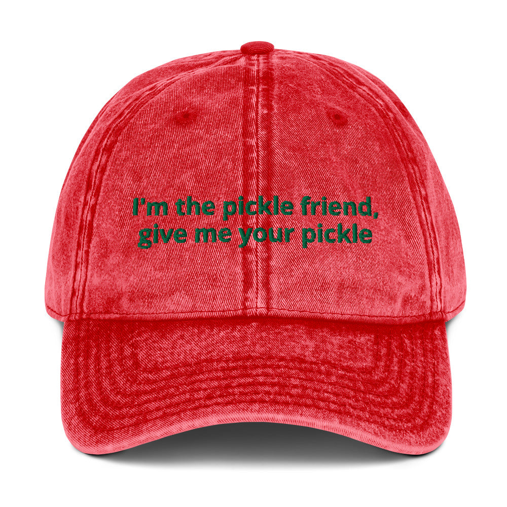 Red pickles dad hat by ninanush - The perfect hat for pickle lovers. The I'm the pickle friend, give me your pickles dad hat for pickle enthusiasts. This silly foodie dad hat stands out with a quirky design and pickle saying. Eat your favorite pickles in this unique pickle dad hat or give it as a funny gift for pickle enthusiasts and foodies of all kinds.
