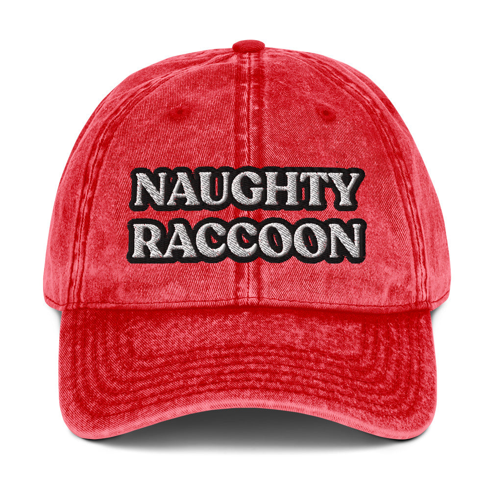 Red naughty raccoon embroidered baseball hat from Nina's Funky Shop by ninanush - Stand out in this naughty raccoon hat. It's a vintage style embroidered dad hat with the words "naughty raccoon" in black and white on the front. This unique hat for raccoon enthusiasts is funny and just a little weird. Add a little personality to your everyday style or give it as a funny gift for a raccoon lover.