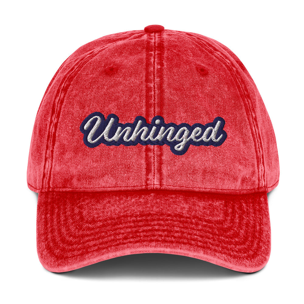 Red unhinged dad hat from Nina's Funky Shop by ninanush - UNHINGED⚡ Stand out in this vintage style dad for absolutely unhinged individuals. It has an adjustable closure and comes in a variety of colors with a the word "Unhinged" expertly embroidered on the front. Stay weird, stay wild and live your best life in this funny dad hat. It's designed by Nina, and made just for you.