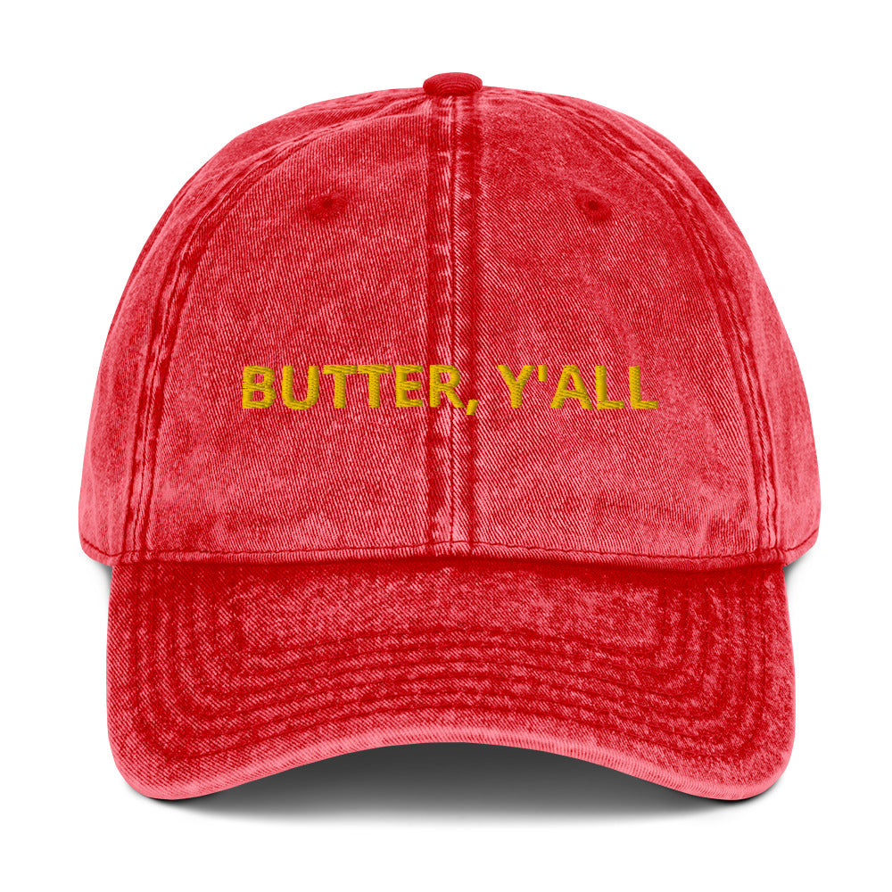 Red Butter Y'all hat - Love butter? Looking for a gift for a butter enthusiast? Our butter y'all hat is comfortable, with an adjustable closure and is made just for you. It's a classic cotton dad hat with a funny food saying for butter lovers, expertly embroidered on the front. Make a statement and celebrate butter in this funny dad hat.