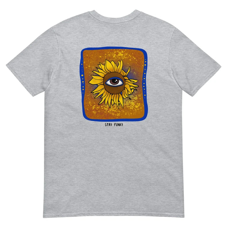 Trippy sunflower graphic tee. This colorful funky sunflower t-shirt is hand drawn and totally unique. The psychedelic eye sunflower tee is comfortable and soft. It's an original design for a weird t-shirt. Stay weird and be yourself in our weird graphic tees, unique animal hoodies, and funny hats for foodies. 