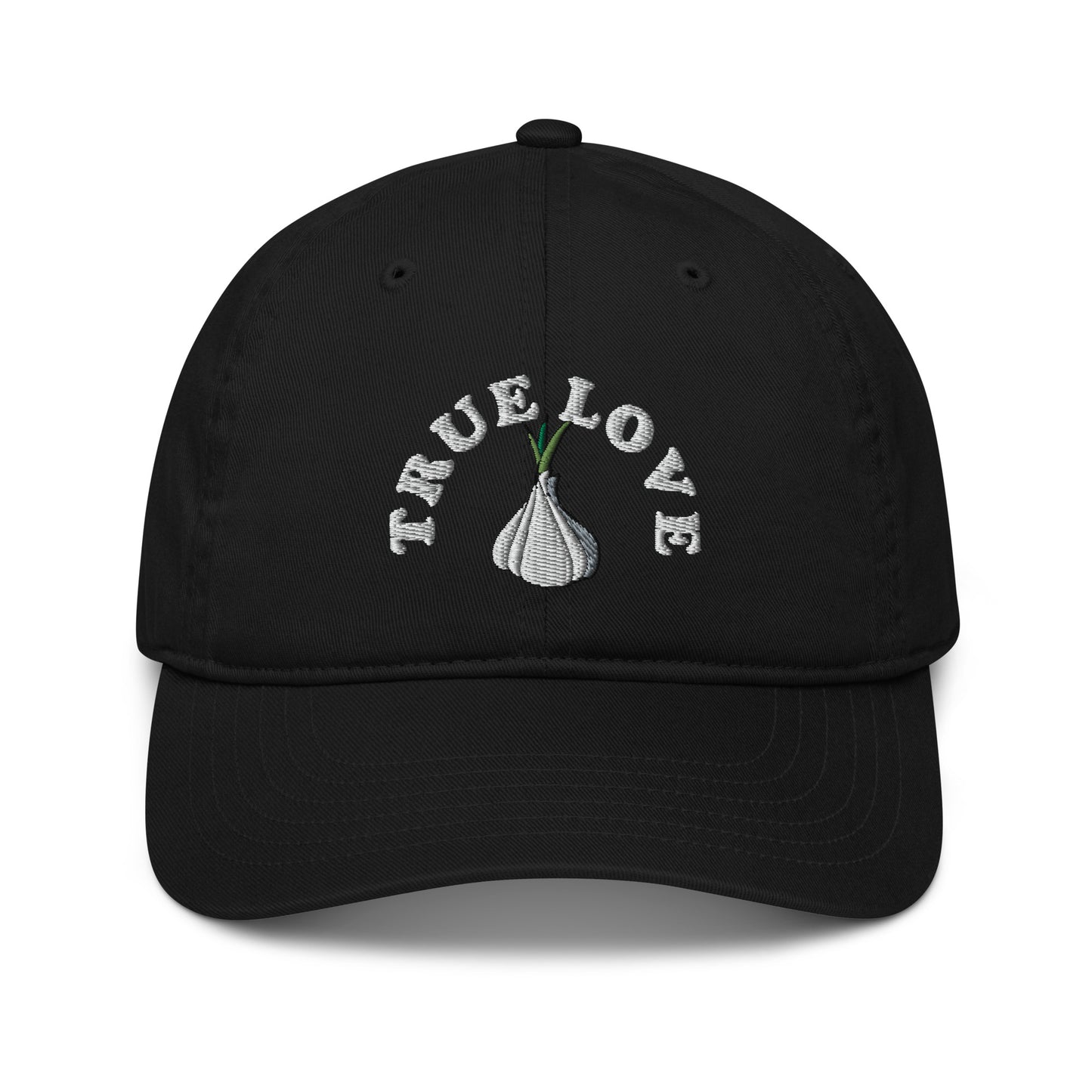The 'True Love' garlic hat is perfect for foodies and garlic addicts. If you love garlic, it's time to show it in this funky and unique dad hat. The eco friendly garlic hat is cute, unusual and 100% organic cotton. Funky fashion, foodie beanies, garlic hats, weird vegan clothing and more. Unique designs for everyone. 