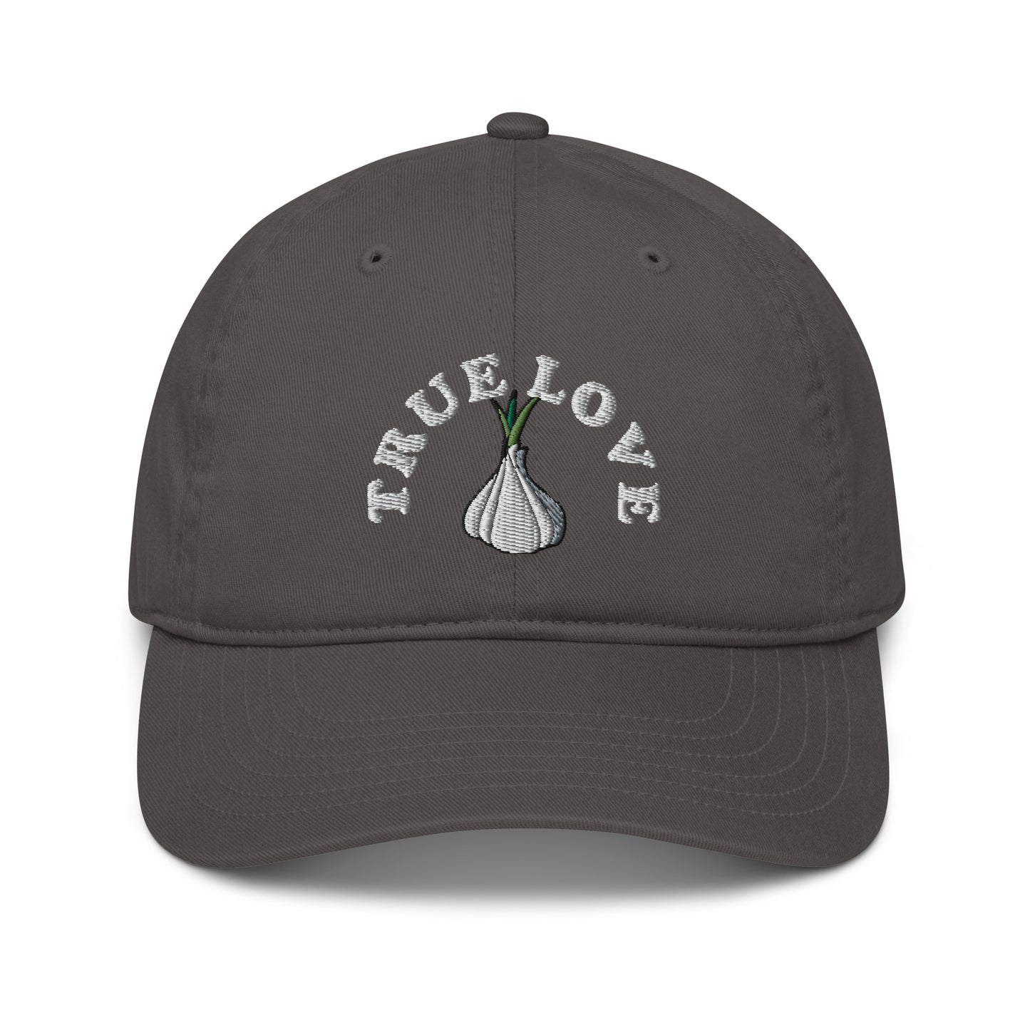 The 'True Love' garlic hat is perfect for foodies and garlic addicts. If you love garlic, it's time to show it in this funky and unique dad hat. The eco friendly garlic hat is cute, unusual and 100% organic cotton. Funky fashion, foodie beanies, garlic hats, weird vegan clothing and more. Unique designs for everyone. 