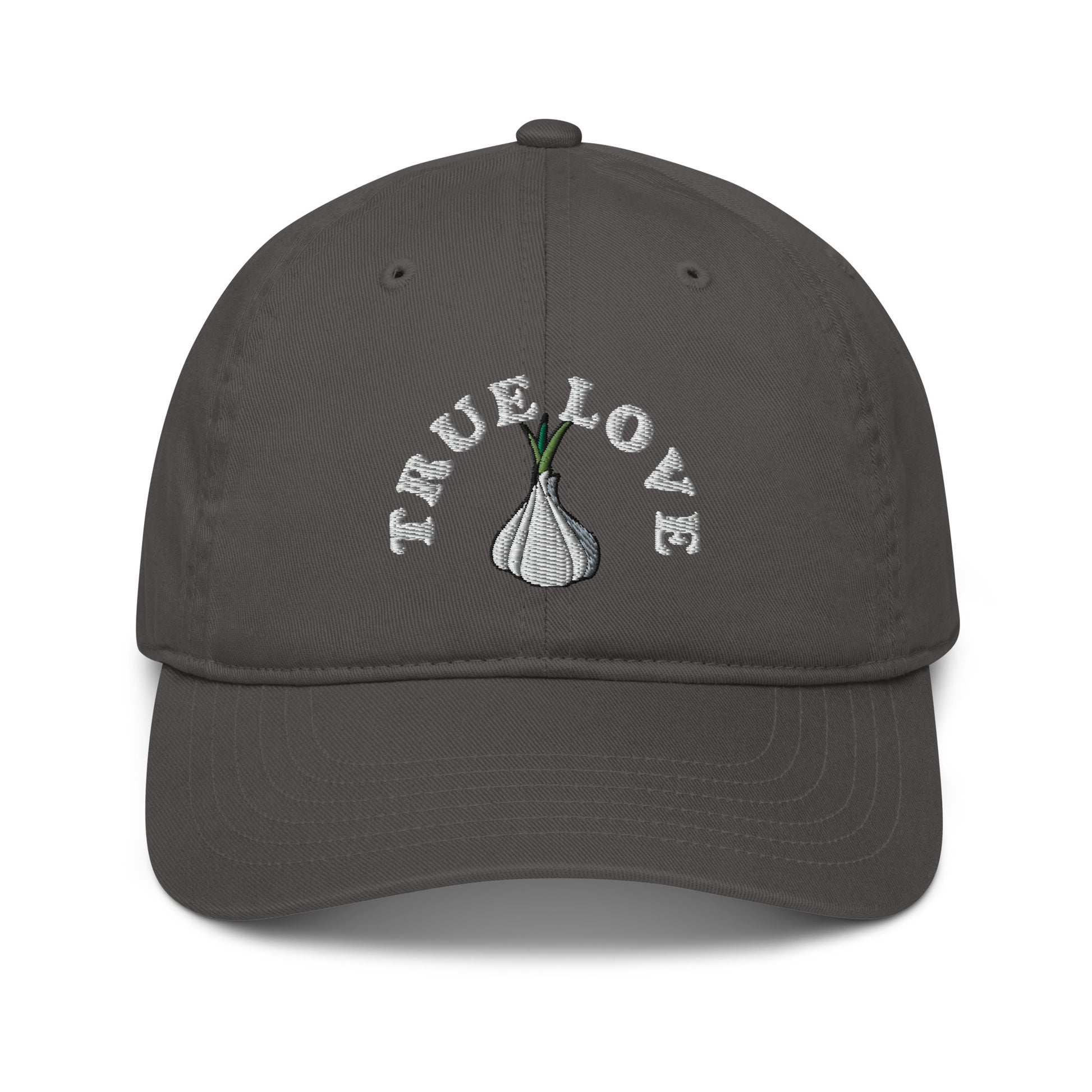 The 'True Love' garlic hat is perfect for foodies and garlic addicts. If you love garlic, it's time to show it in this funky and unique dad hat. The eco friendly garlic hat is cute, unusual and 100% organic cotton. Funky fashion, foodie beanies, garlic hats, weird vegan clothing and more. Unique designs for everyone. 