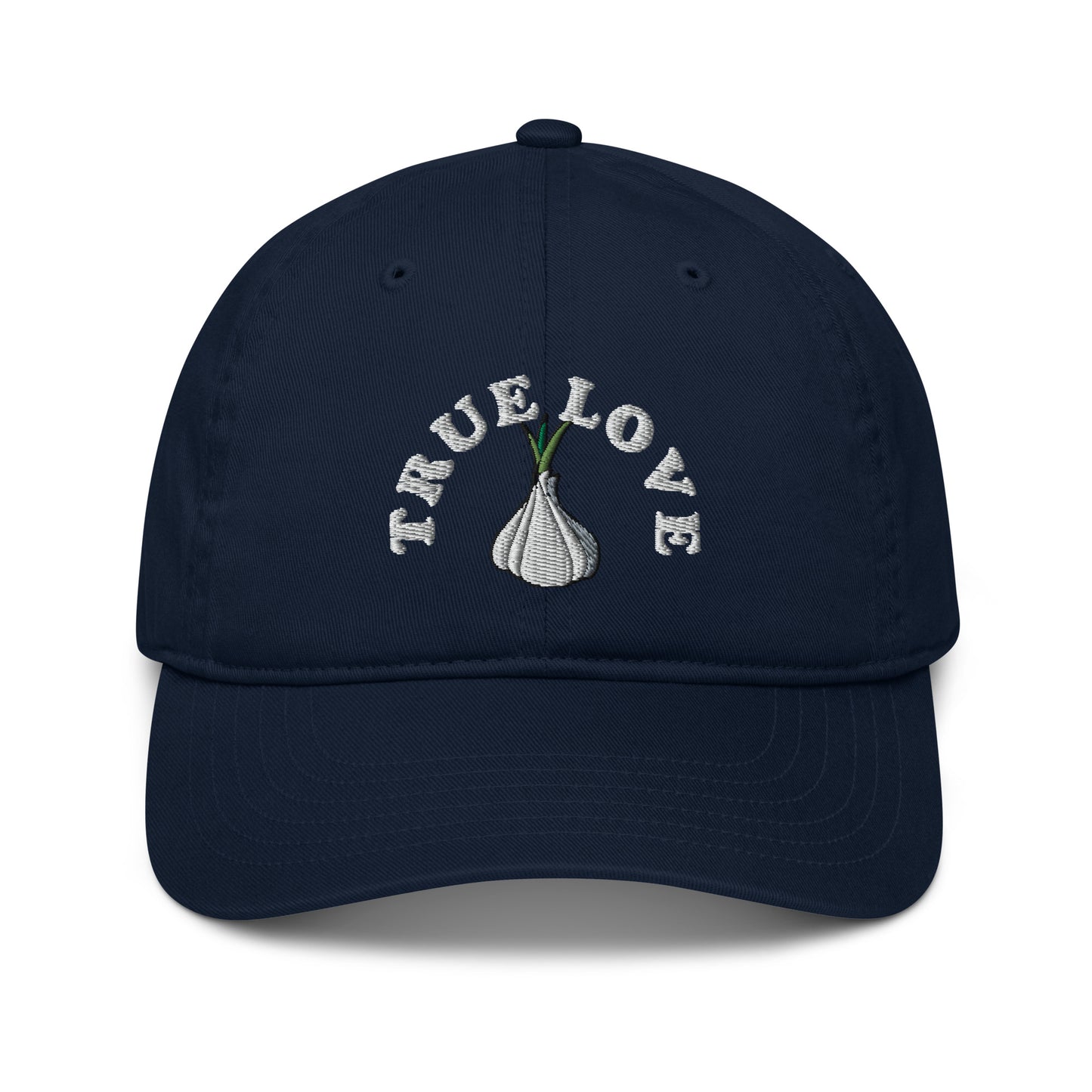 The 'True Love' garlic hat is perfect for foodies and garlic addicts. If you love garlic, it's time to show it in this funky and unique dad hat. The eco friendly garlic hat is cute, unusual and 100% organic cotton. Funky fashion, foodie beanies, garlic hats, weird vegan clothing and more. Unique designs for everyone. 