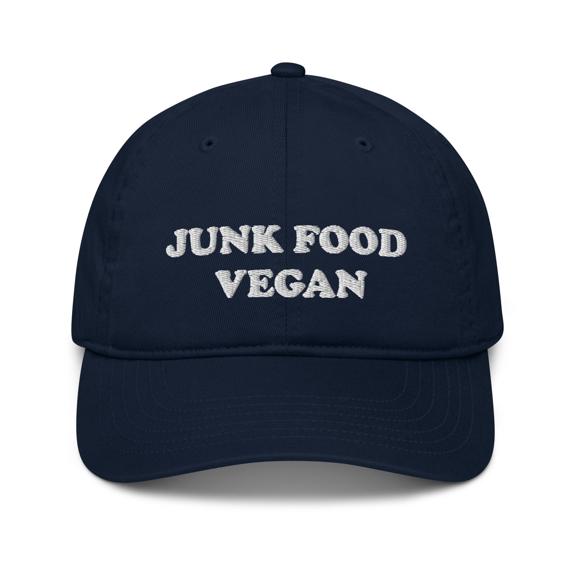 Navy Vegan Dad Hat - This junk food vegan dad hat is comfortable, adjustable and best of all - eco friendly. It's a funny vegan hat that's expertly embroidery just for you. Make a statement, be kind to all kinds and eat your favorite vegan junk food.