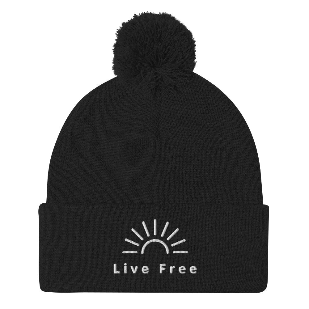 Live Free Sunset Pom-Pom Beanie / Live Free Hat / Freedom Winter Hat / Free Spirit Hat / Nature Lover Hat / New Hampshire Hat / Happy hat