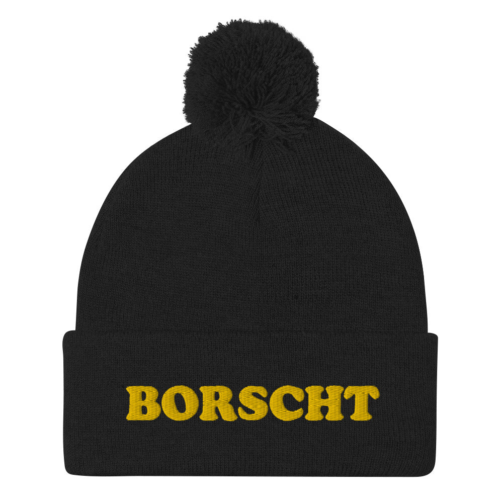 Black and yellow borscht beanie - Our unique borscht beanie hat is cozy and comfortable with a classic pom pom on top. It's a unique beanie with a weird design and it's just what every borscht lover needs. This borscht hat is a funny foodie beanie that celebrates a classic North Asian and Eastern European sour soup. Now you can eat borscht in style.